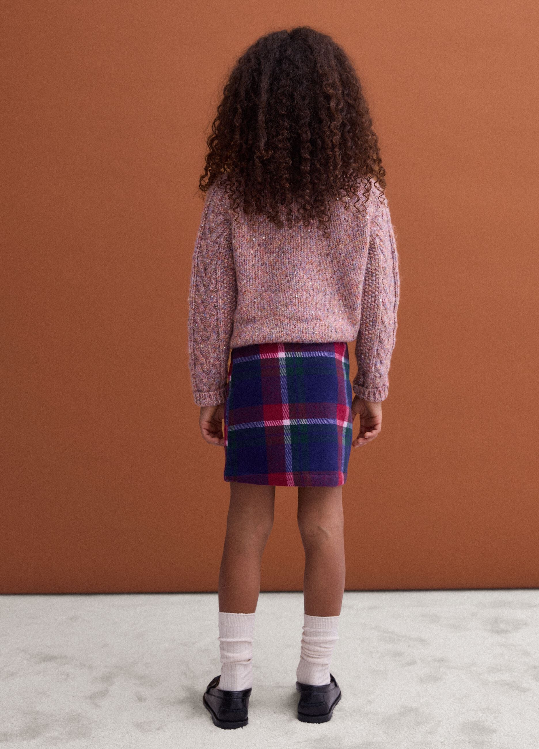 Saia tartan &agrave;s riscas regular fit em mistura de l&atilde; e viscose