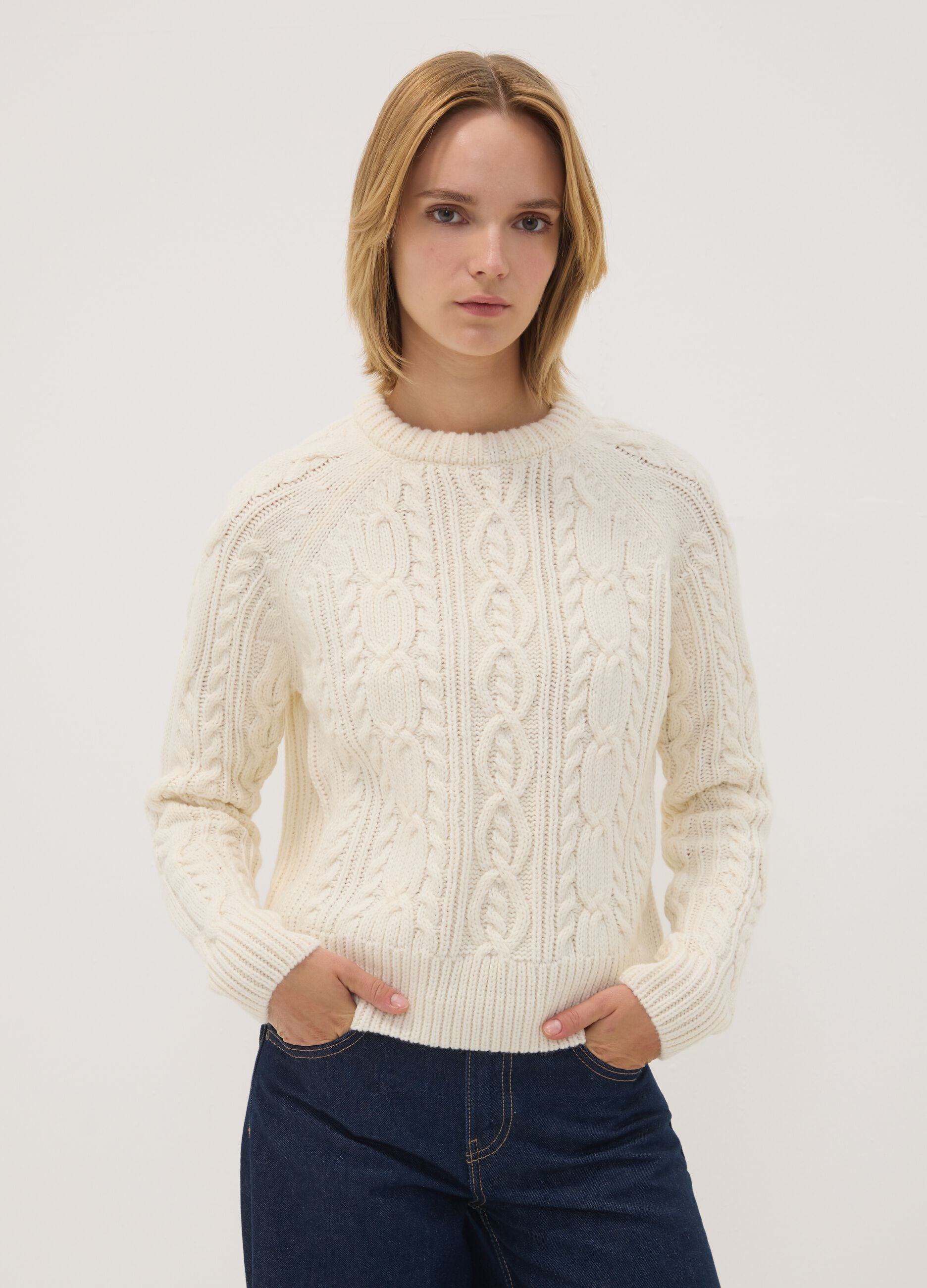 White wool-blend cable-knit crew-neck jumper