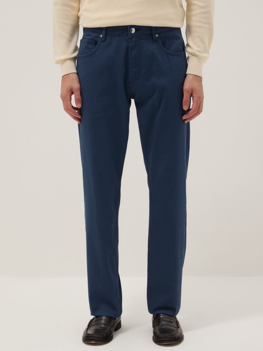 Blue stretch cotton regular fit trousers_1