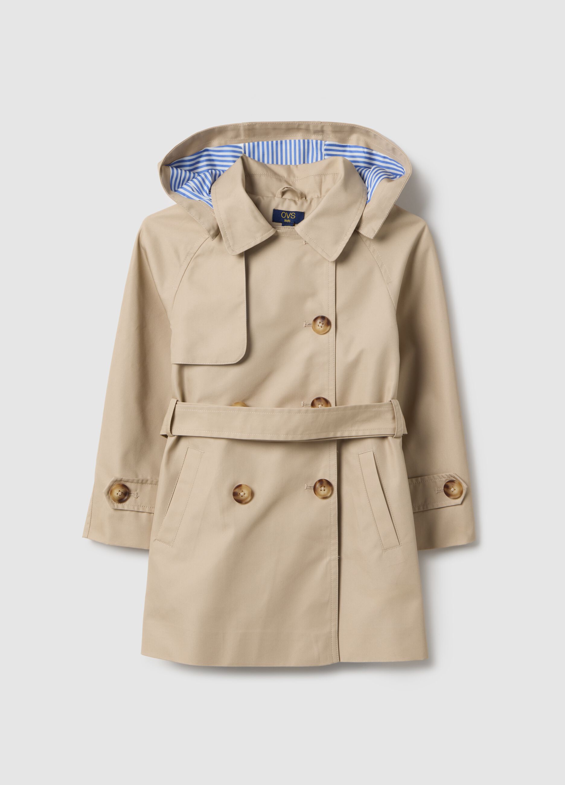 Trench beige para menina em mistura de algod&atilde;o, ajuste regular com capuz