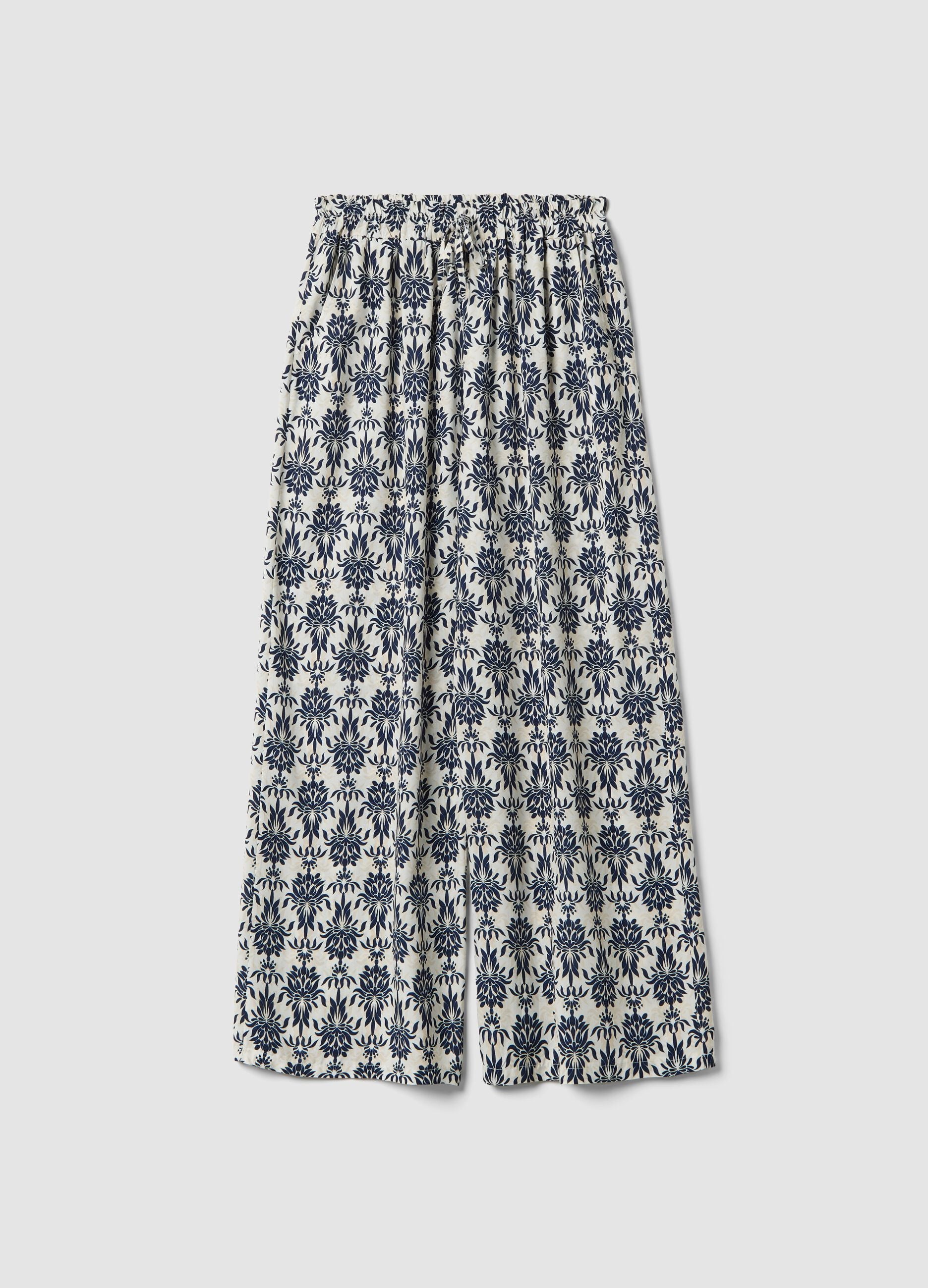 White pure viscose patterned trousers, regular fit
