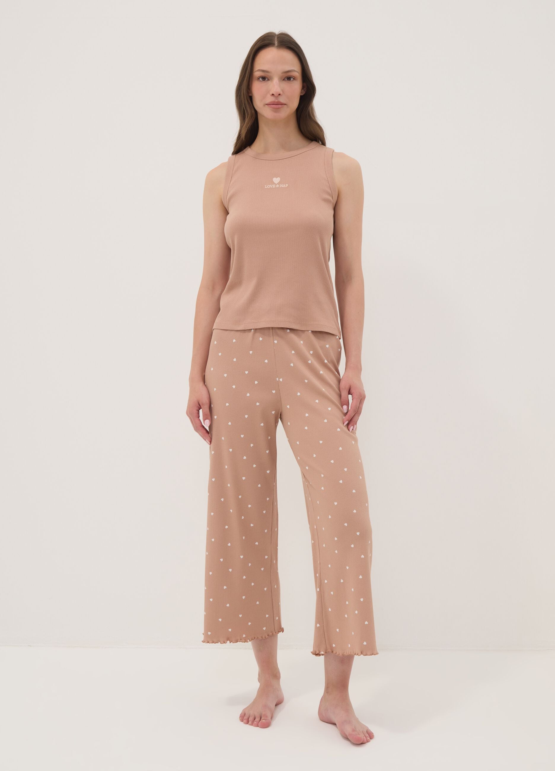Brown pure organic cotton pyjamas with sleeveless top and printed trousers