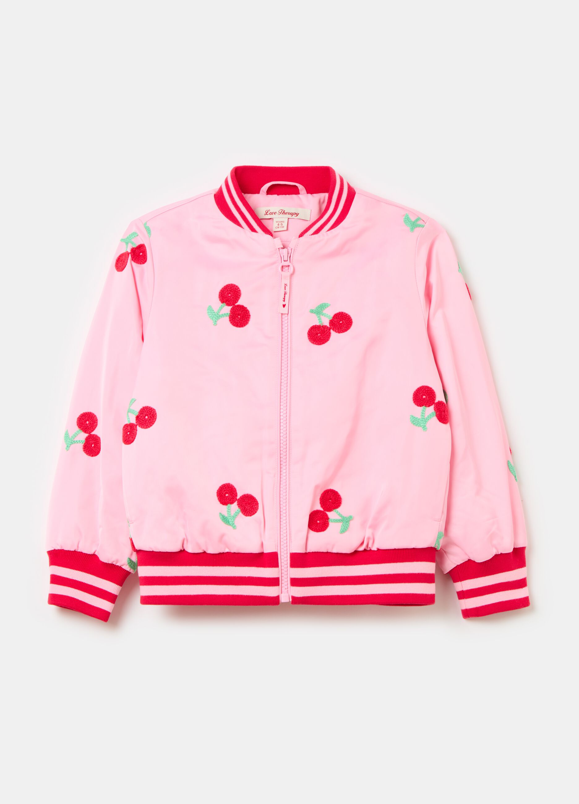 Bomber jacket with crochet cherries application