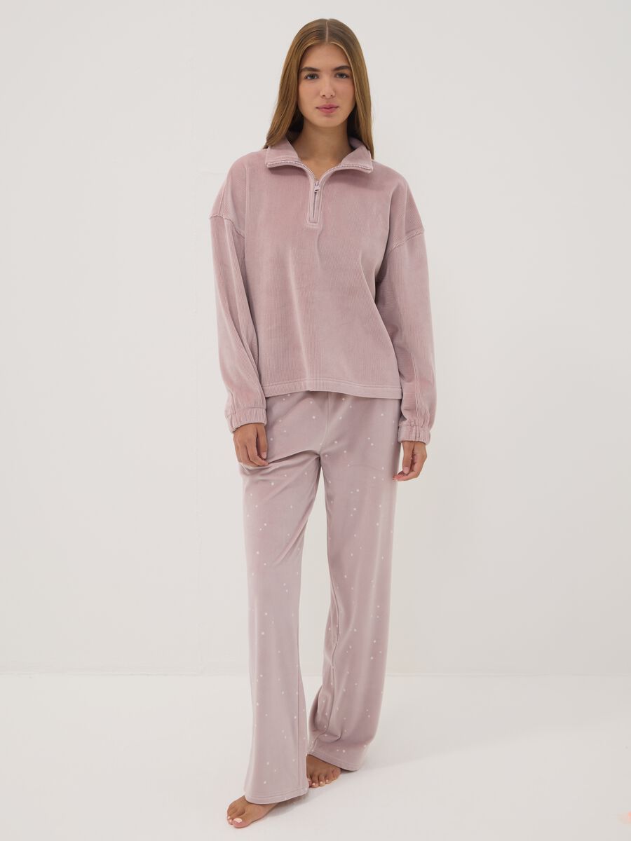 Pink stretch jersey top with zip neck_0