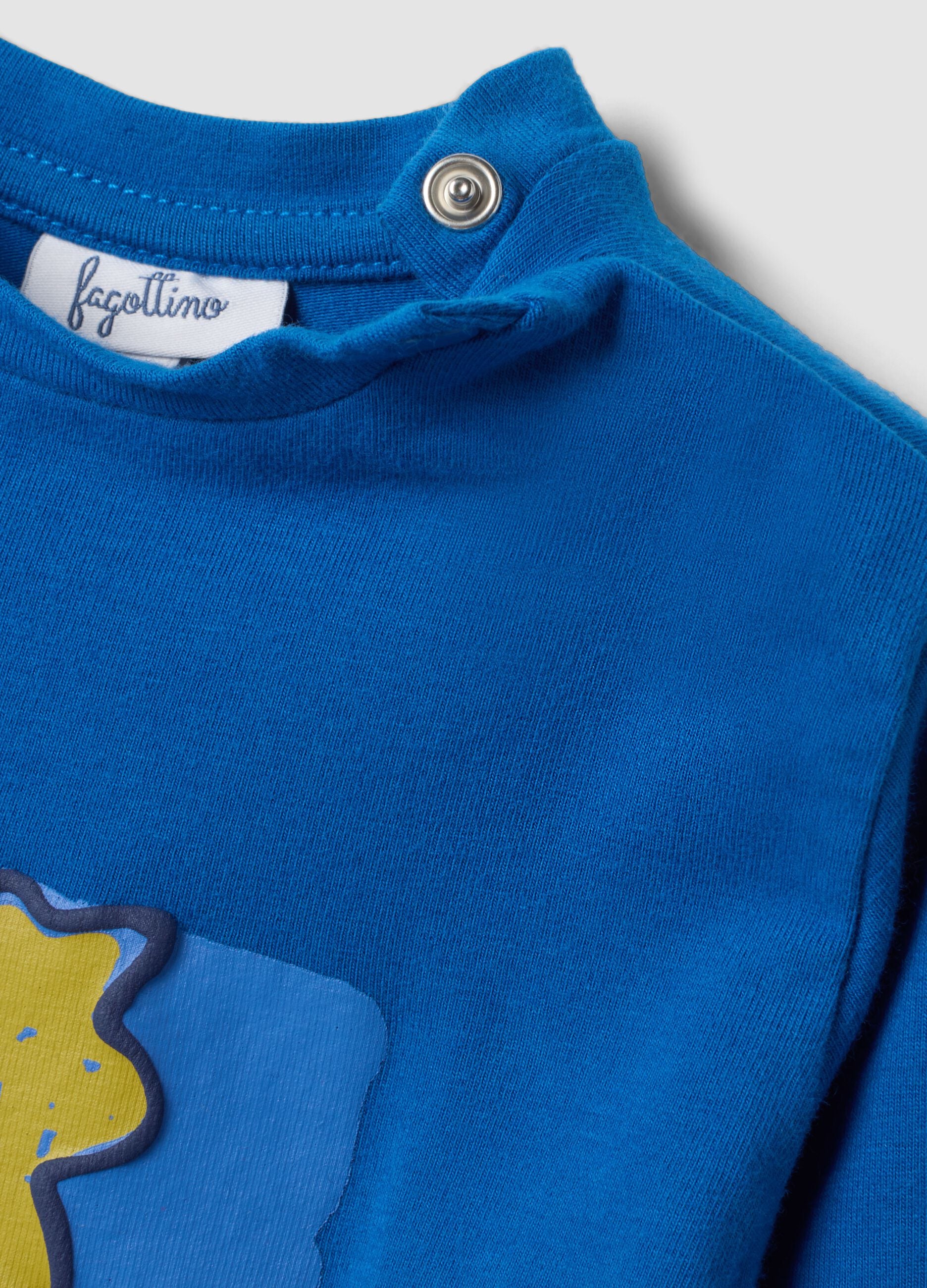 Blaues Langarm-T-Shirt aus elastischer Bio-Baumwolle mit Rundhalsausschnitt