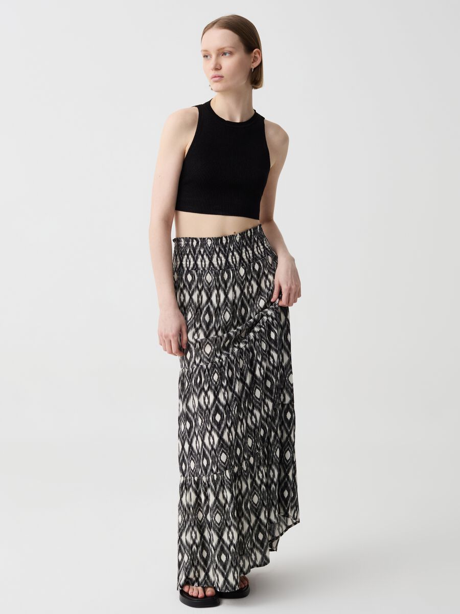 Long tiered skirt in crêpe with ikat print_0