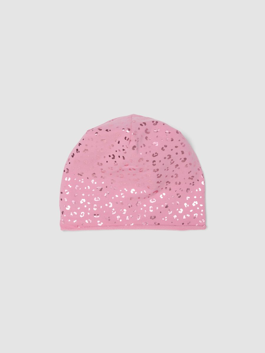 Pink stretch cotton hat with glossy animal print for girls_0