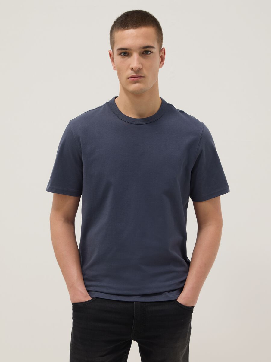 Blue pure cotton short sleeve regular fit T-shirt_0
