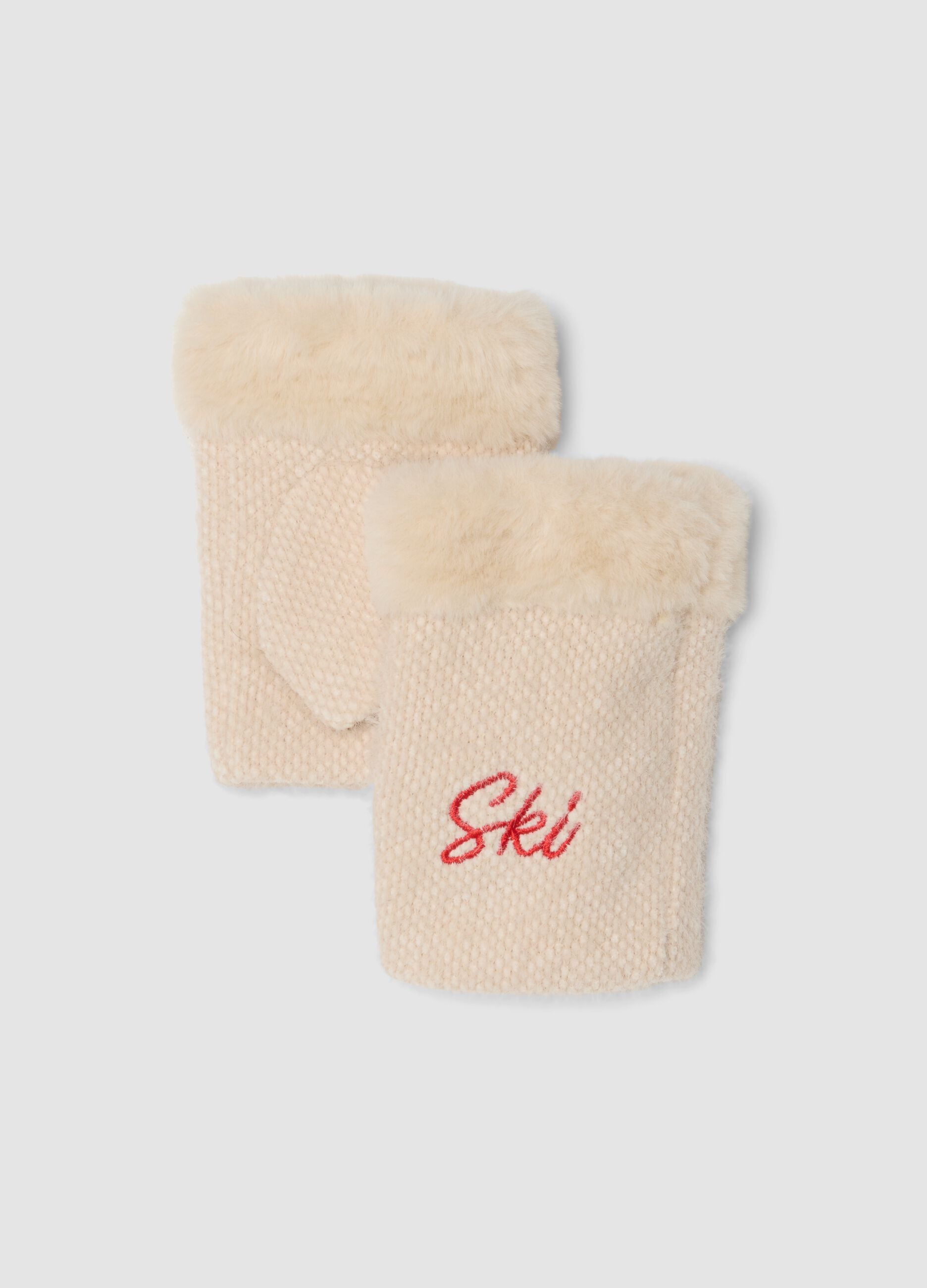 Sand knitted gloves with teddy-effect cuff and embroidery