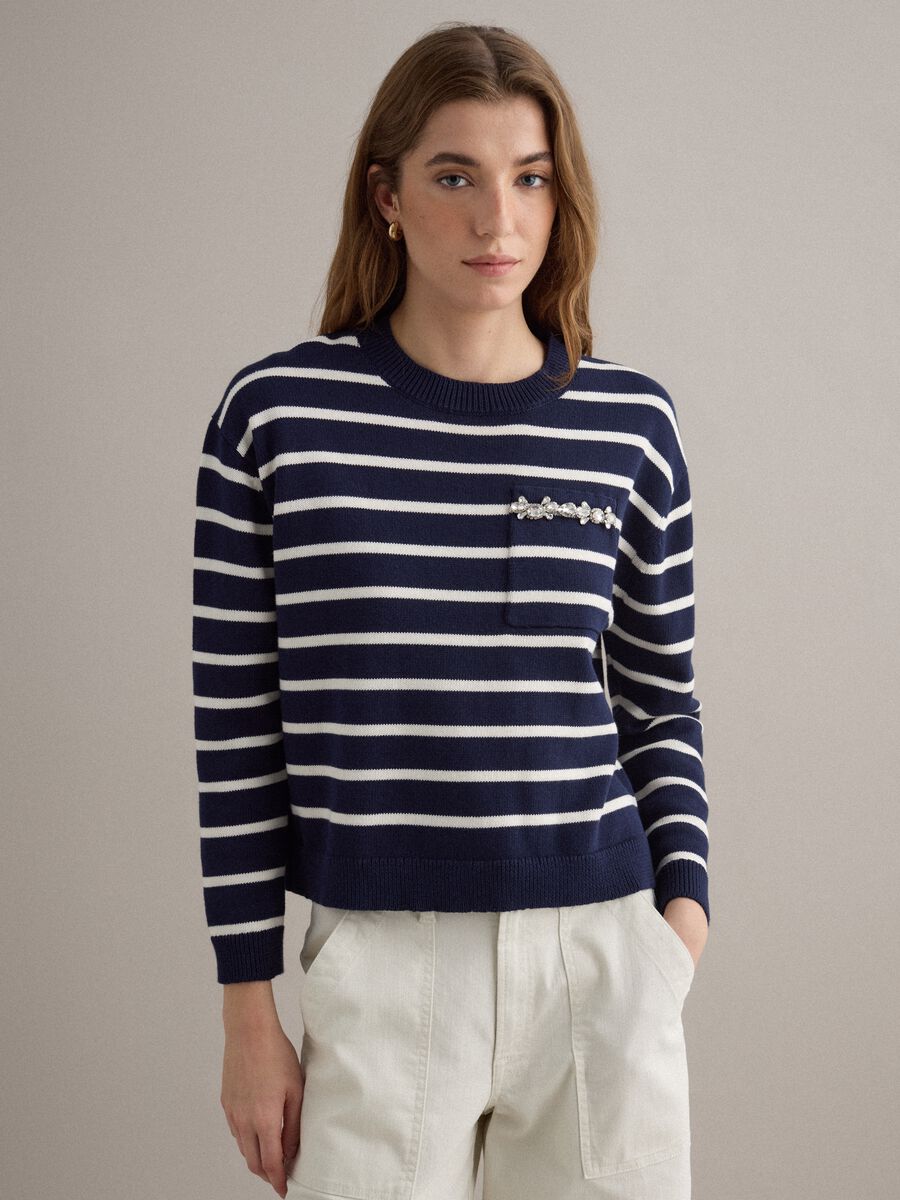 Blue jumper with white stripes in pure cotton regular fit_0