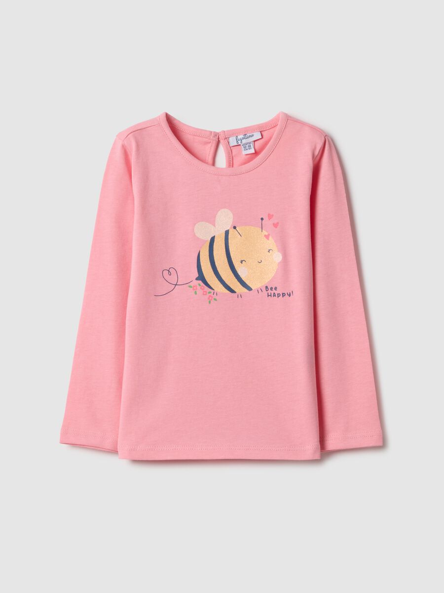 Girls' pink long-sleeve pure cotton top with regular fit and bee design_0