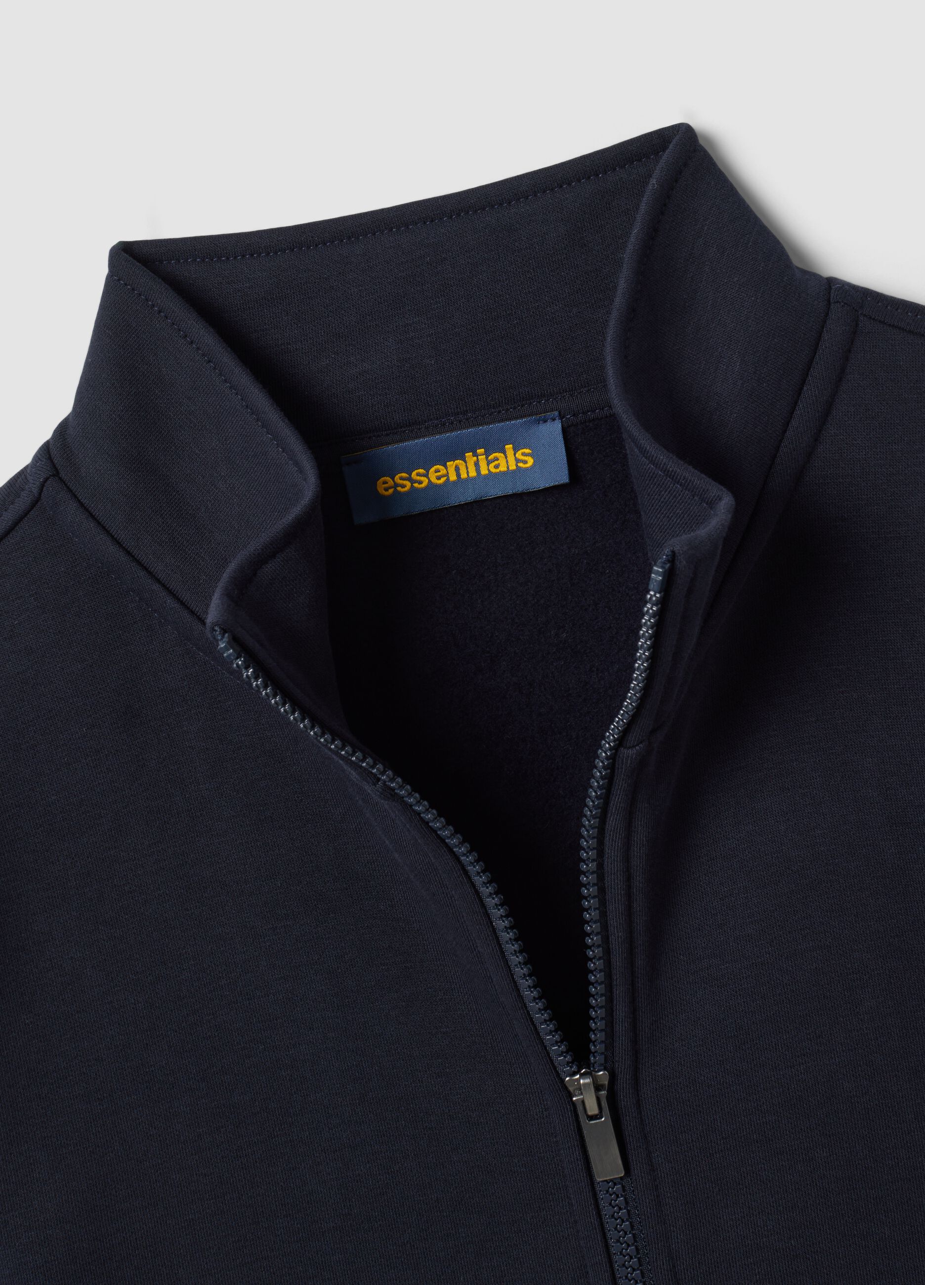 Blue cotton-blend sweatshirt with crew neck and zip, regular fit