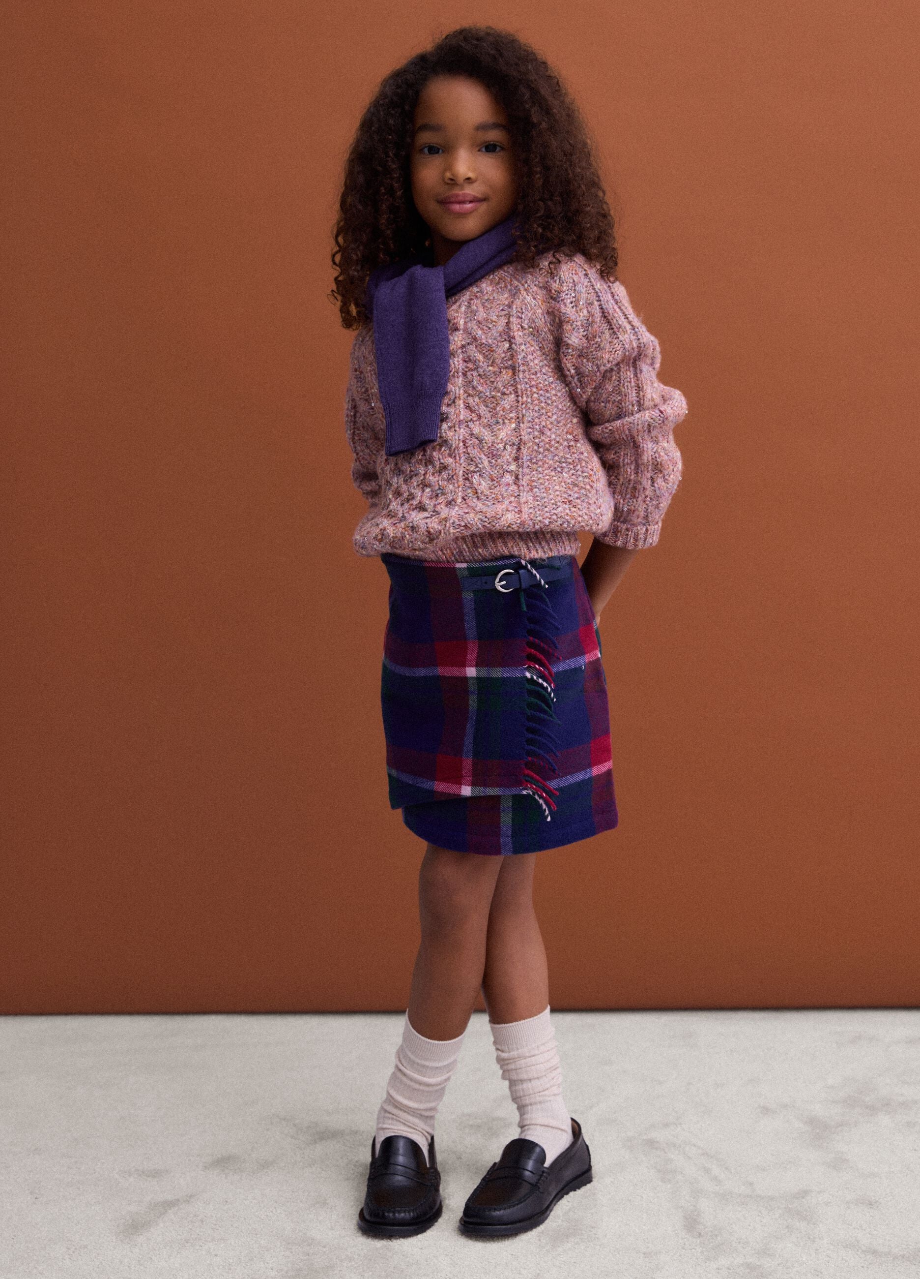 Saia tartan &agrave;s riscas regular fit em mistura de l&atilde; e viscose