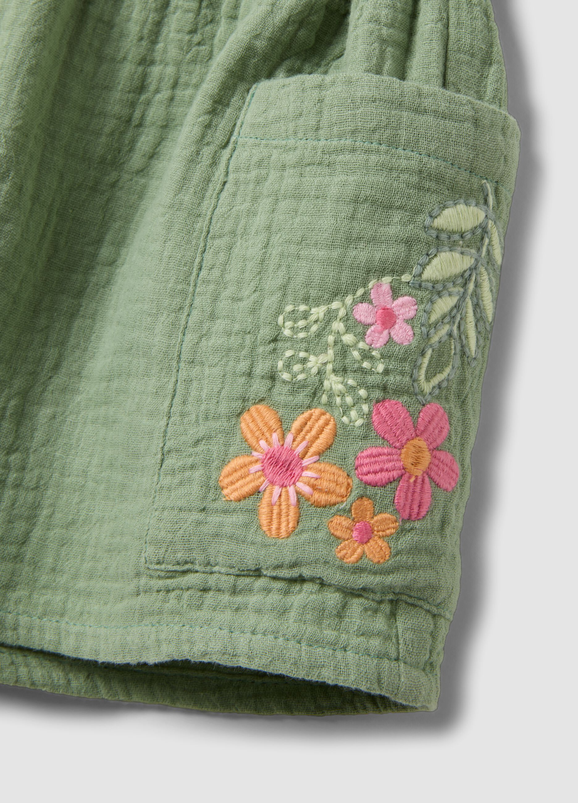 Green pure cotton shorts with floral embroidery for baby girl, regular fit