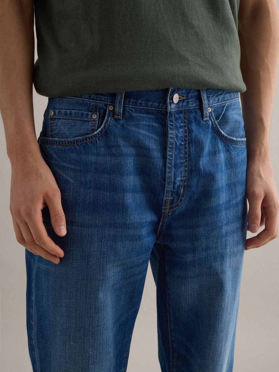 Blue cotton and linen blend denim jeans regular fit_3