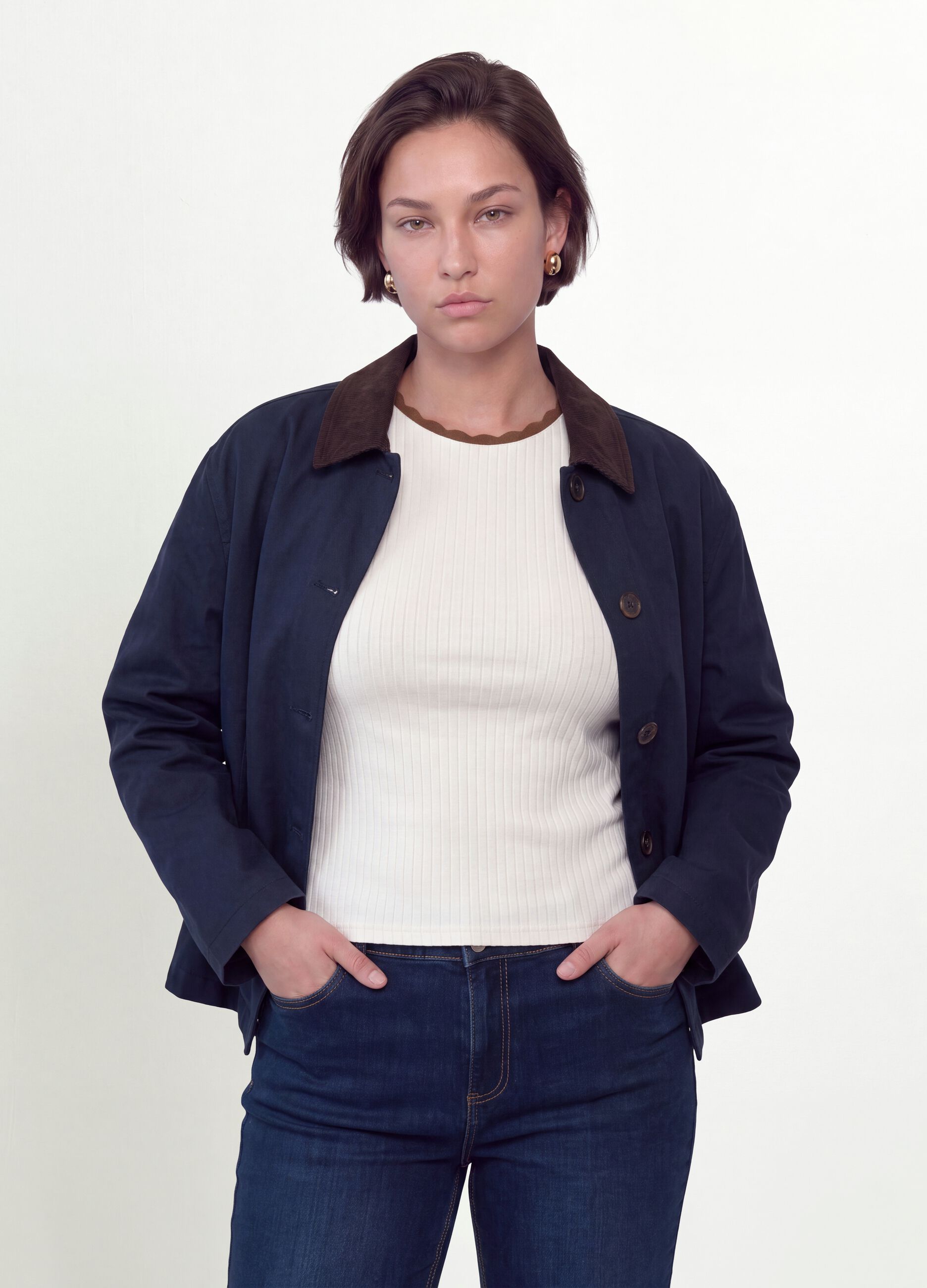 Blue pure cotton jacket with contrast collar, regular fit