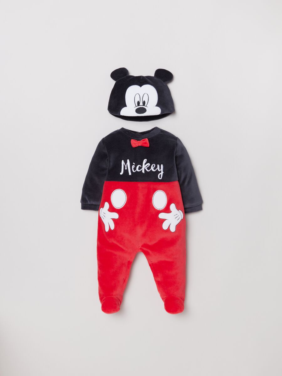 Onesie and beanie cap set with embroidered Mickey Mouse_0