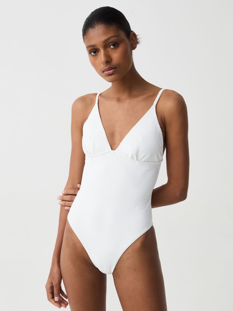 One-piece swimsuit with wave design_1