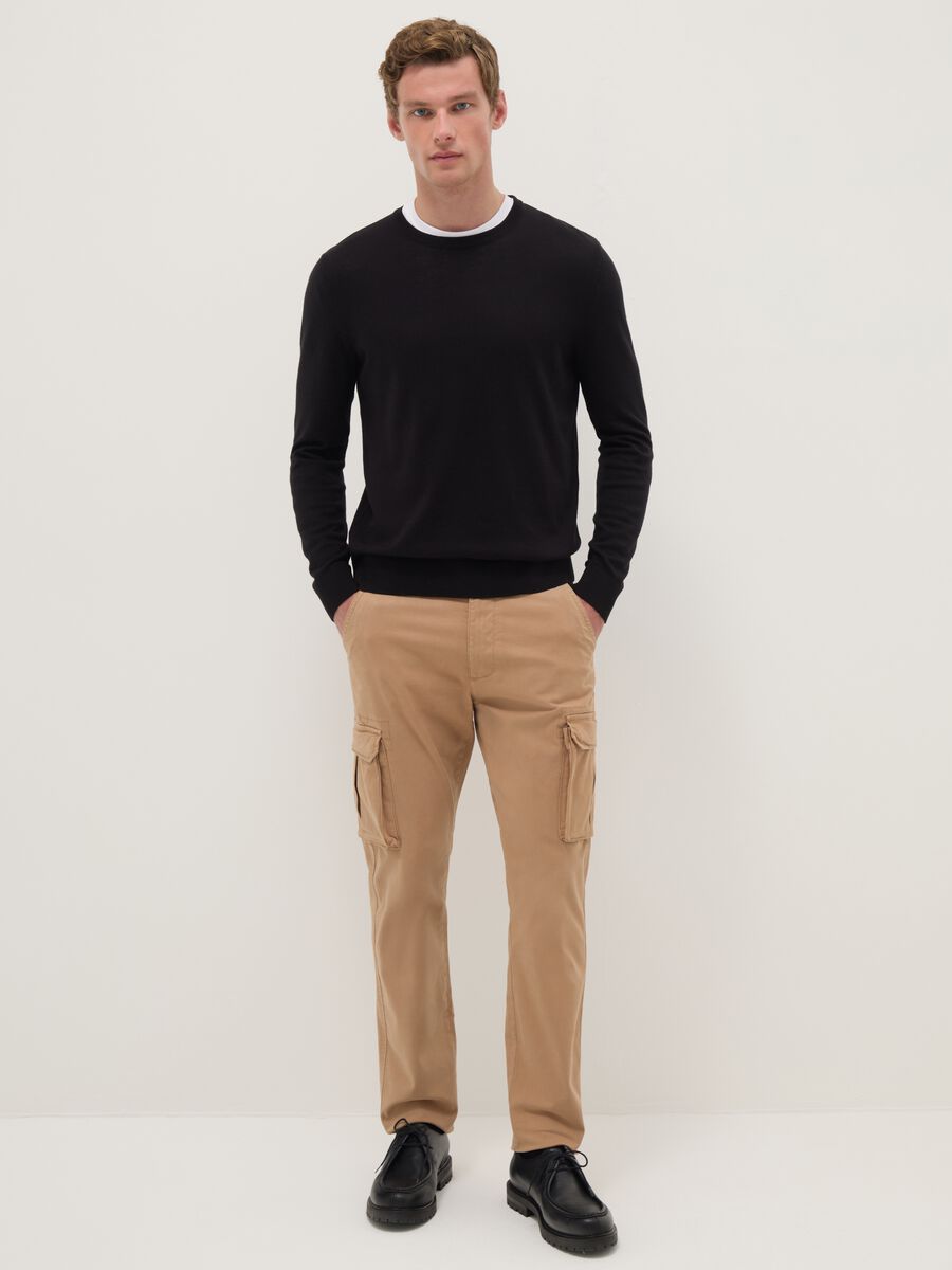 Beige stretch cotton slim fit cargo trousers_0