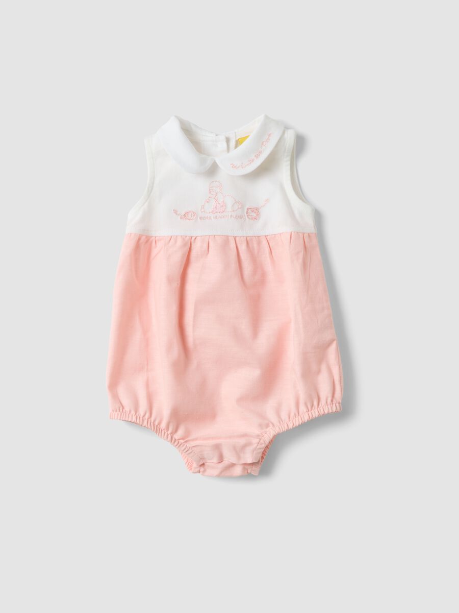 Pink and white organic cotton romper with classic collar_0