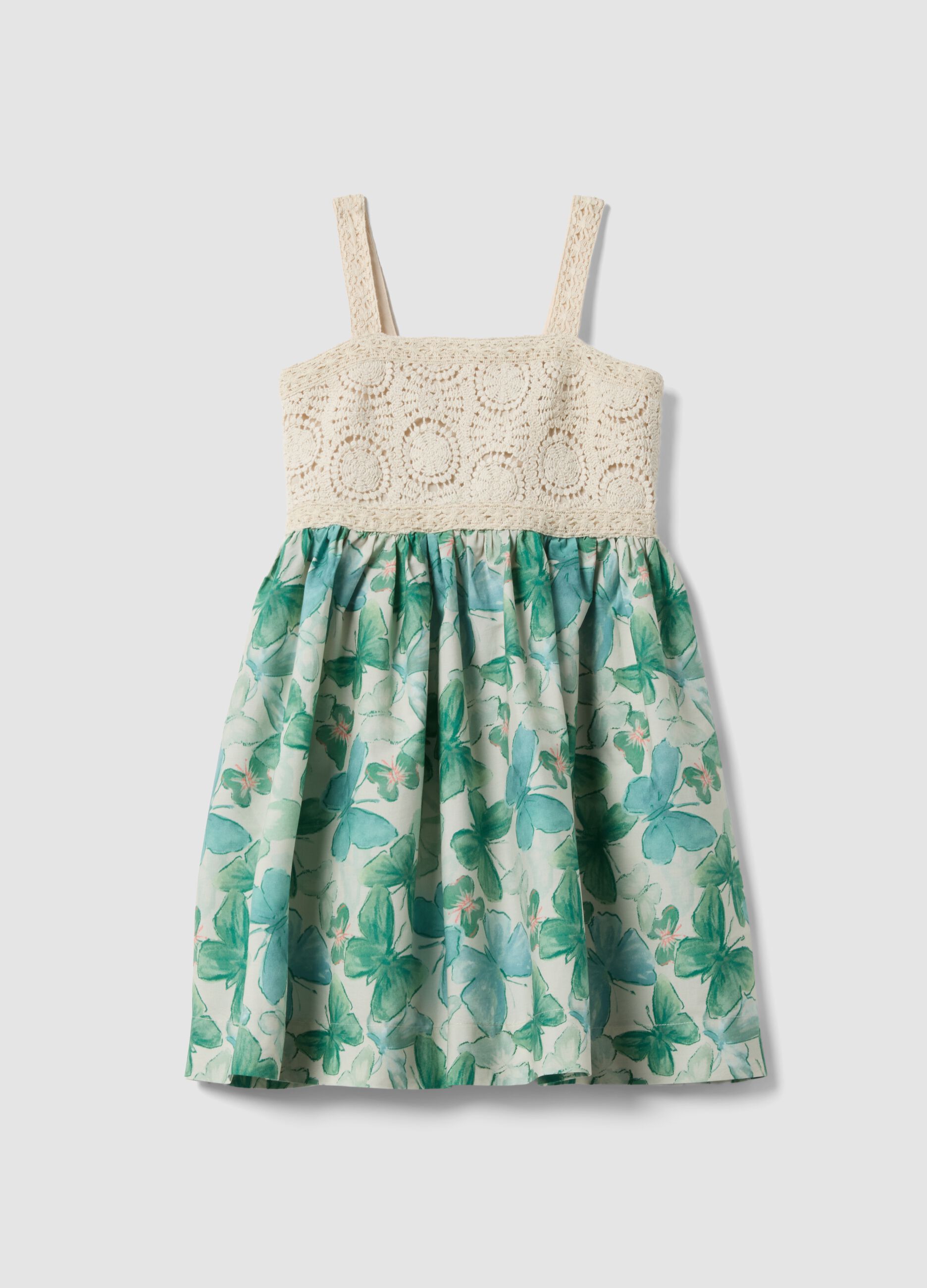 Pure cotton dress with crochet details and floral print