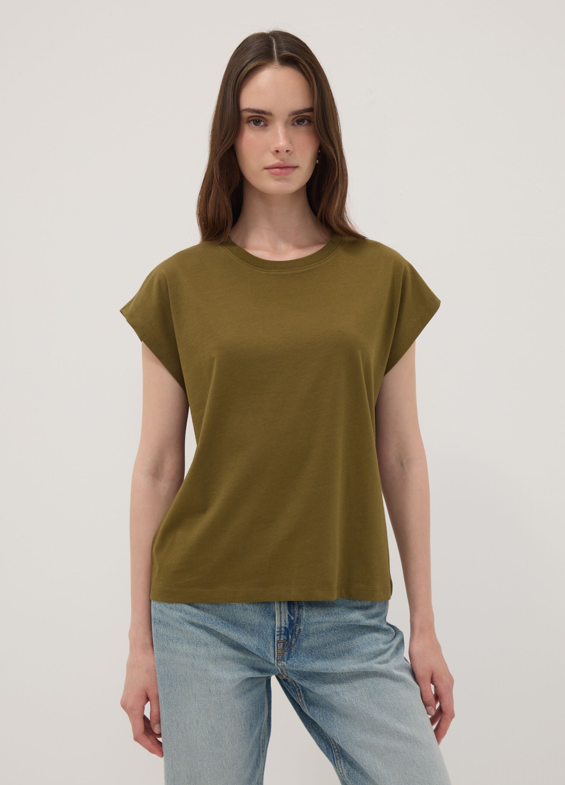 Green pure cotton regular-fit short-sleeve T-shirt