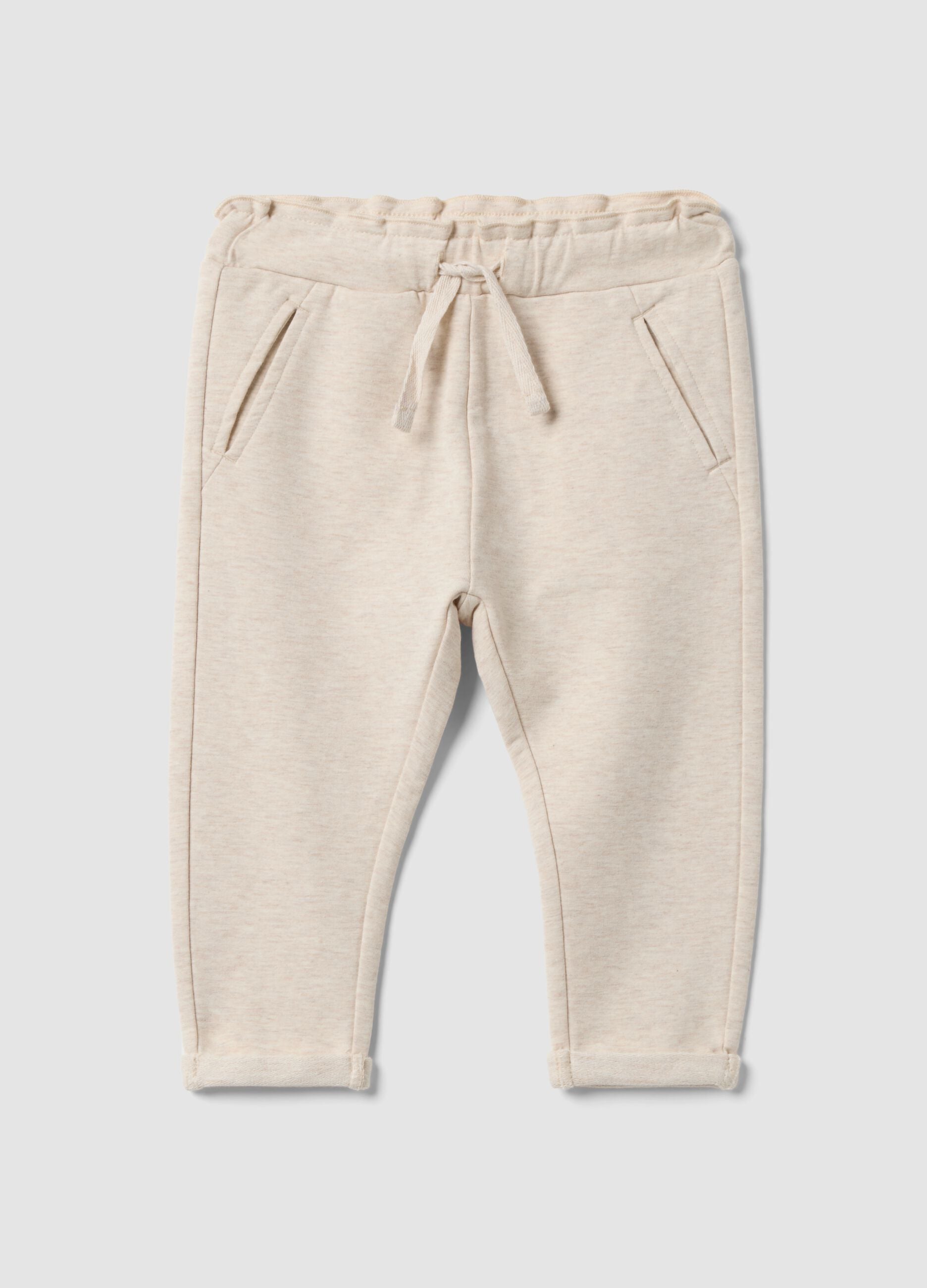 Beige stretch cotton joggers with turn-up cuff for baby girl