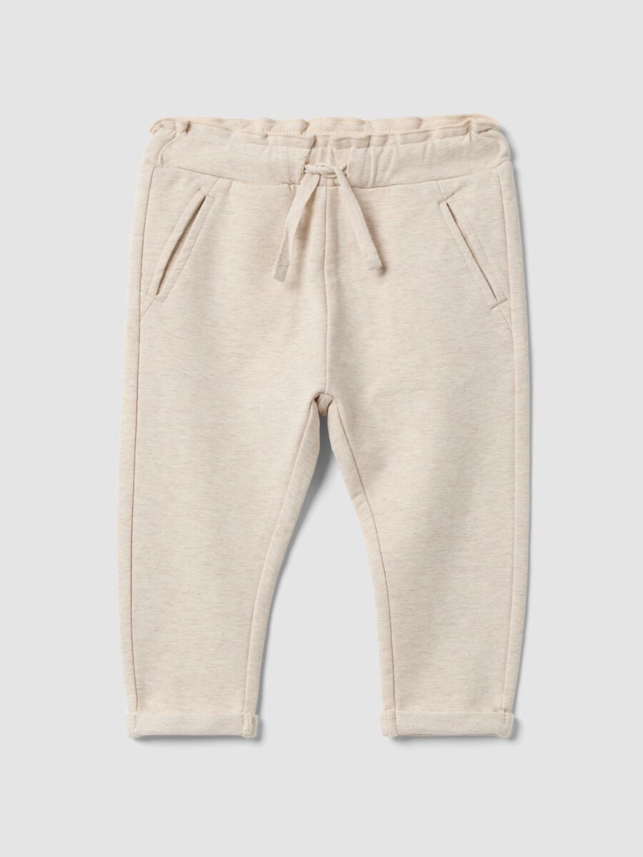 Beige stretch cotton joggers with turn-up cuff for baby girl_0