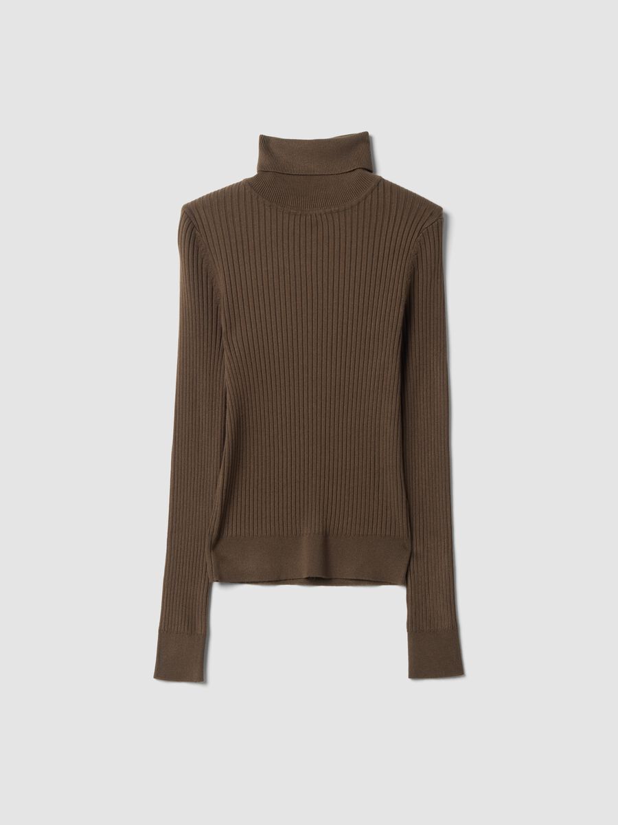 Brown ribbed viscose-blend turtleneck jumper_0
