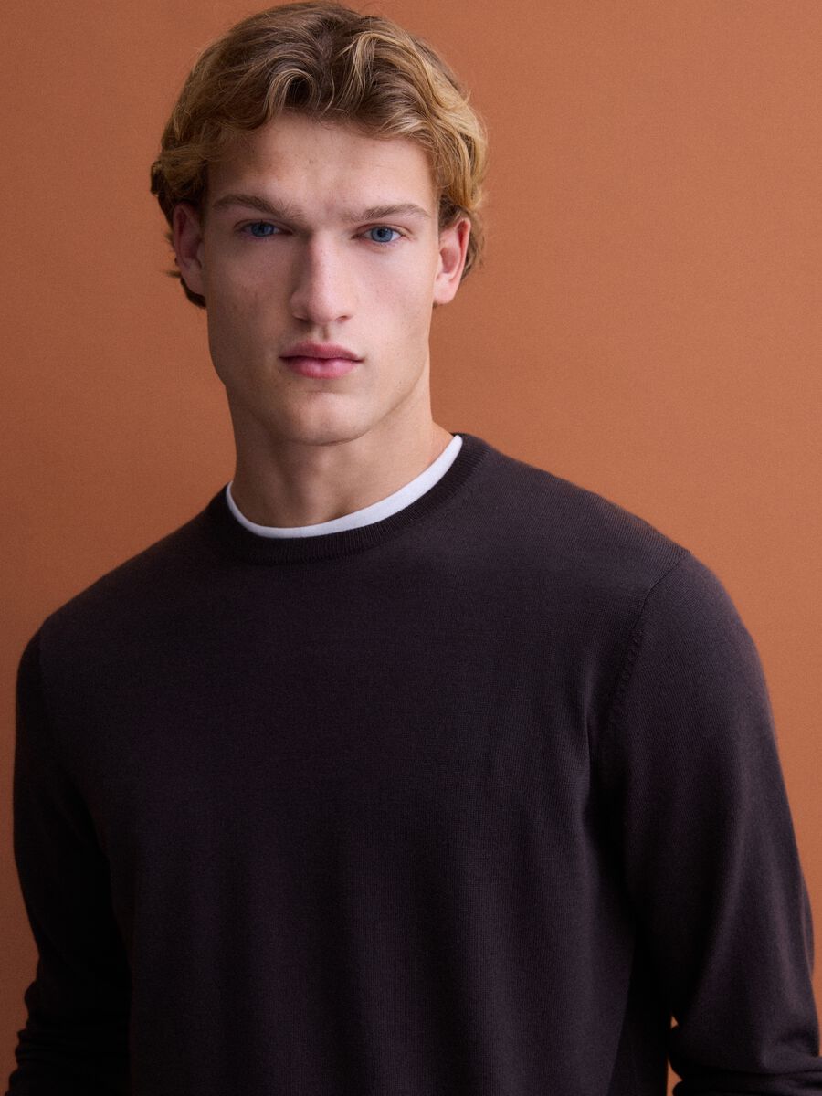 Brown pure merino wool crew-neck jumper, regular fit_1
