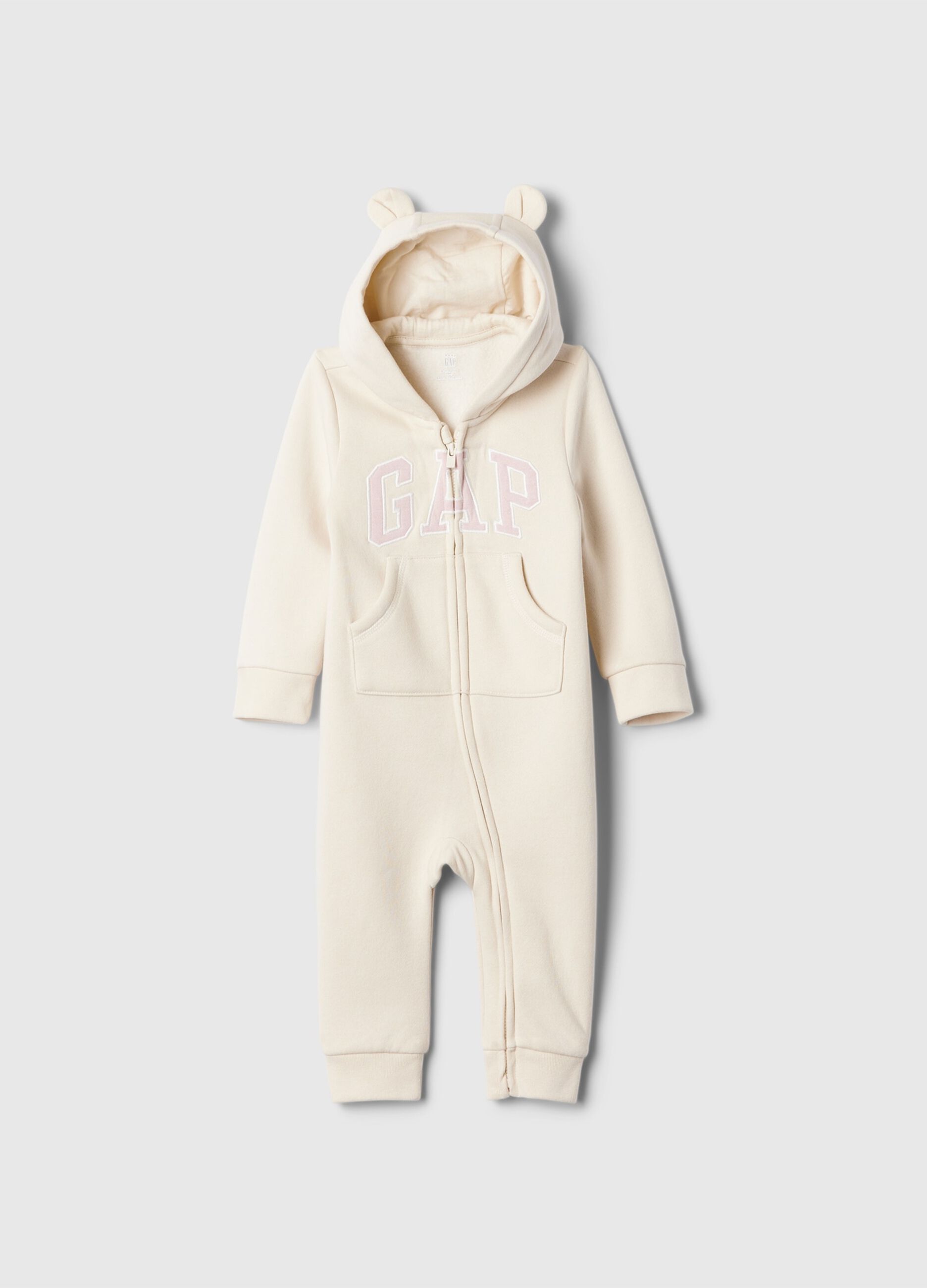 Full-zip onesie with hood and logo embroidery