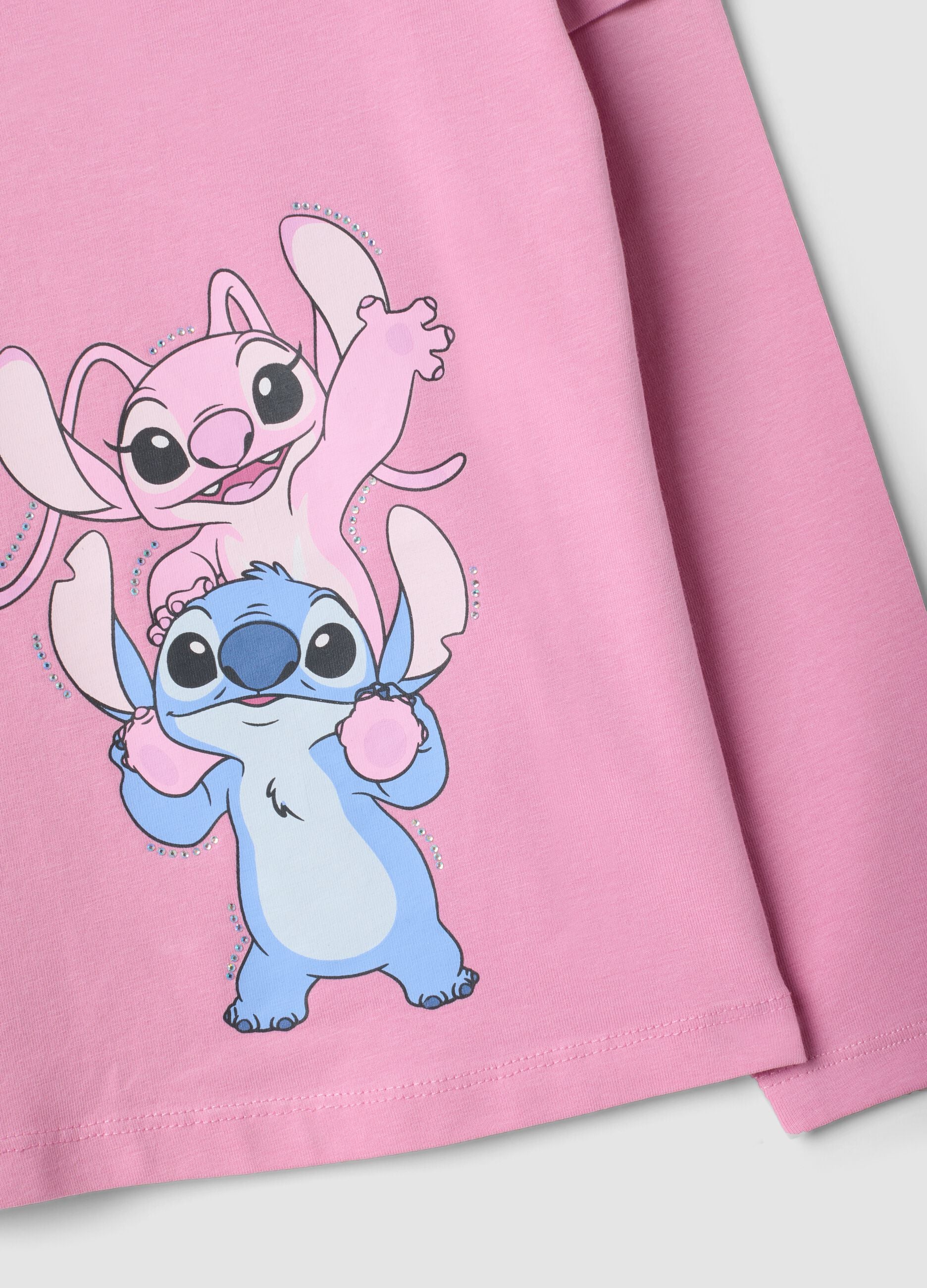 Pink stretch cotton T-shirt with Lilo & Stitch print for girls
