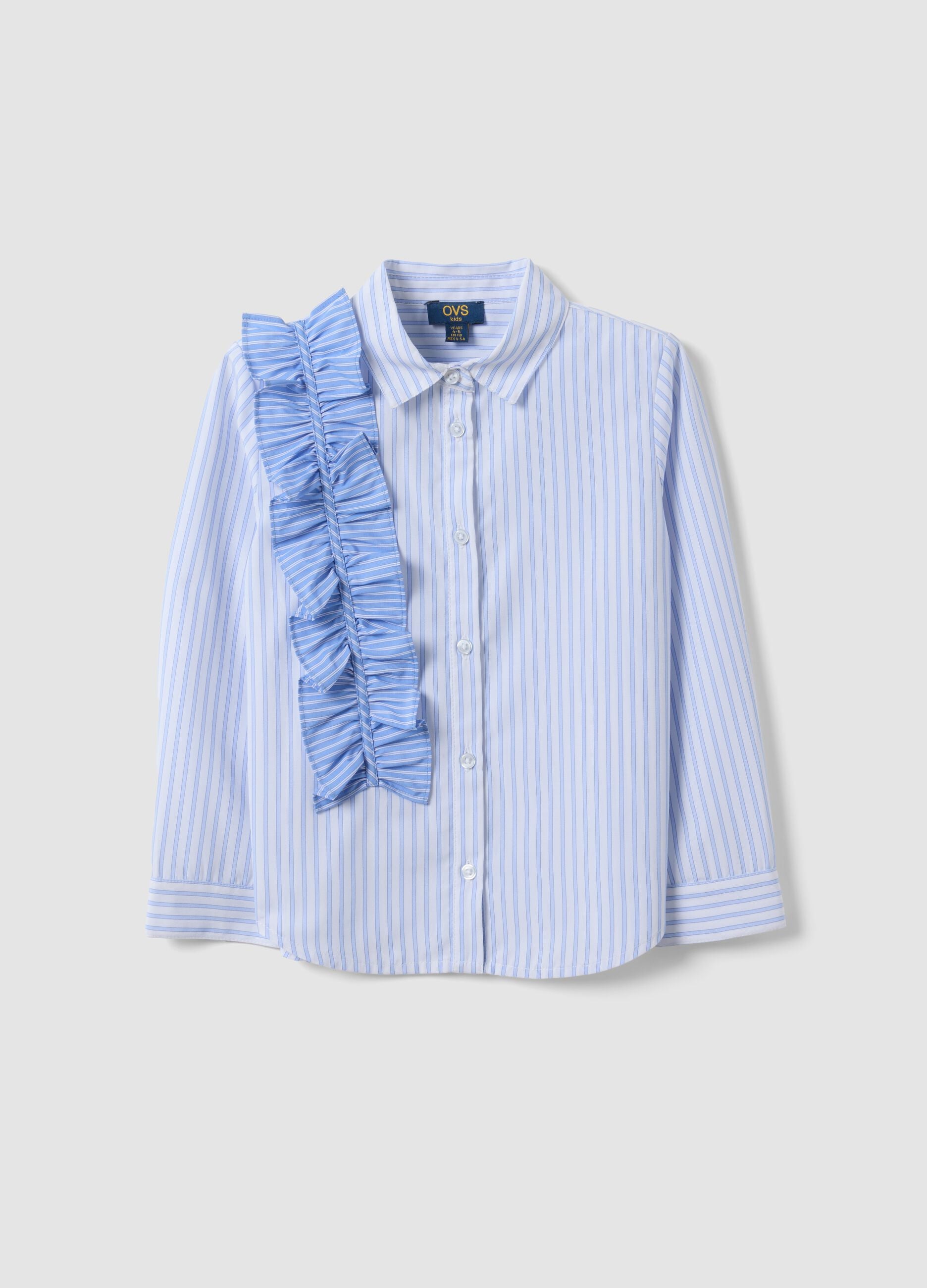 Camicia azzurra a righe con volant e colletto classico per bambina