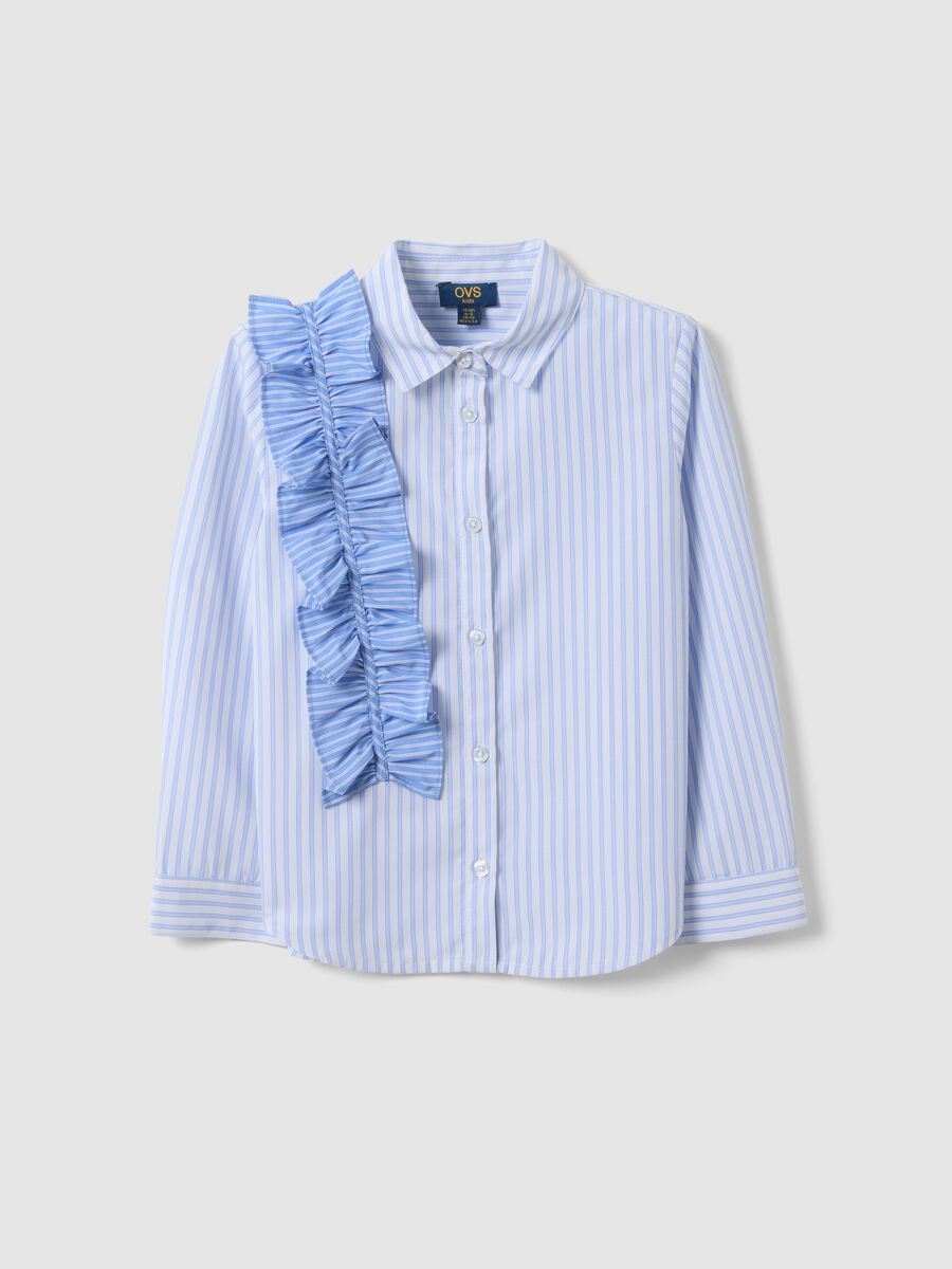 Camicia azzurra a righe con volant e colletto classico per bambina_0