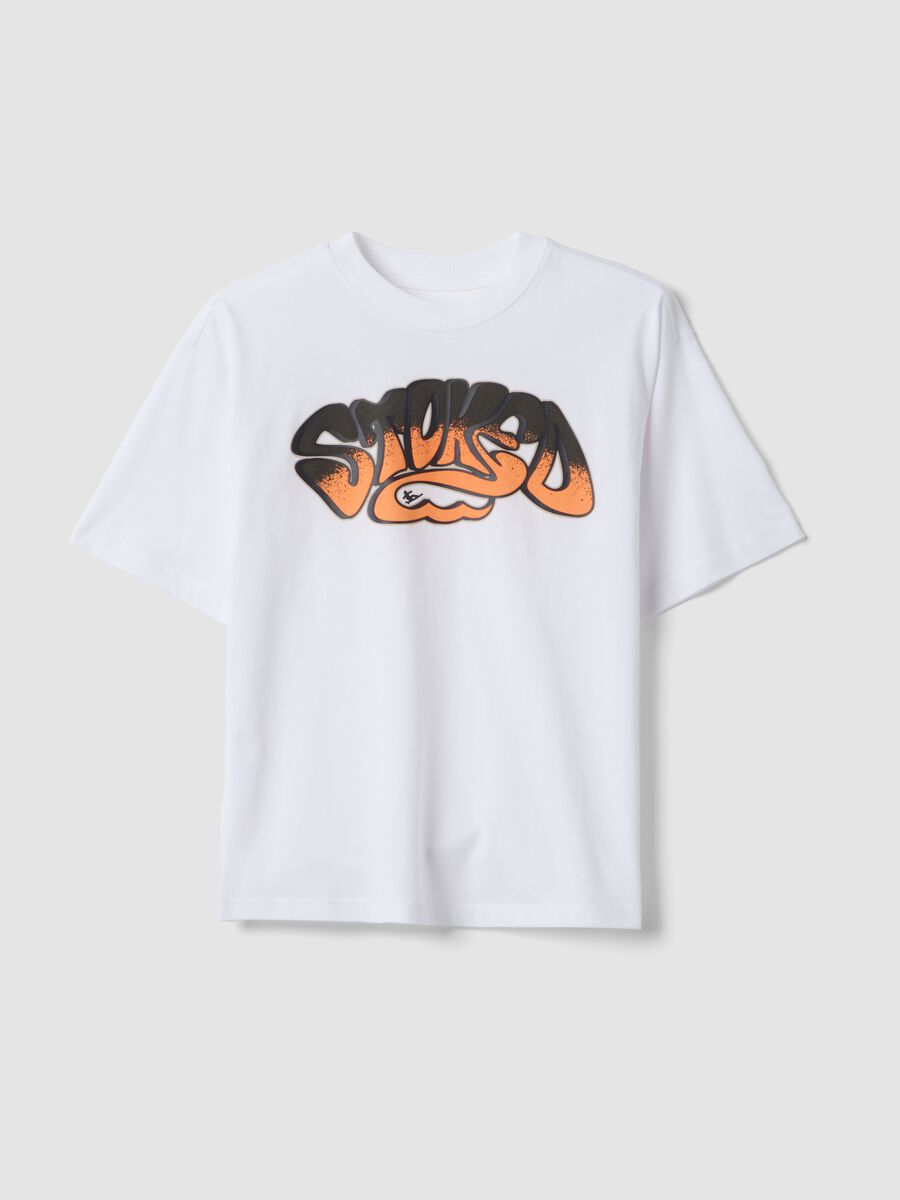 White pure cotton T-shirt with front print_0