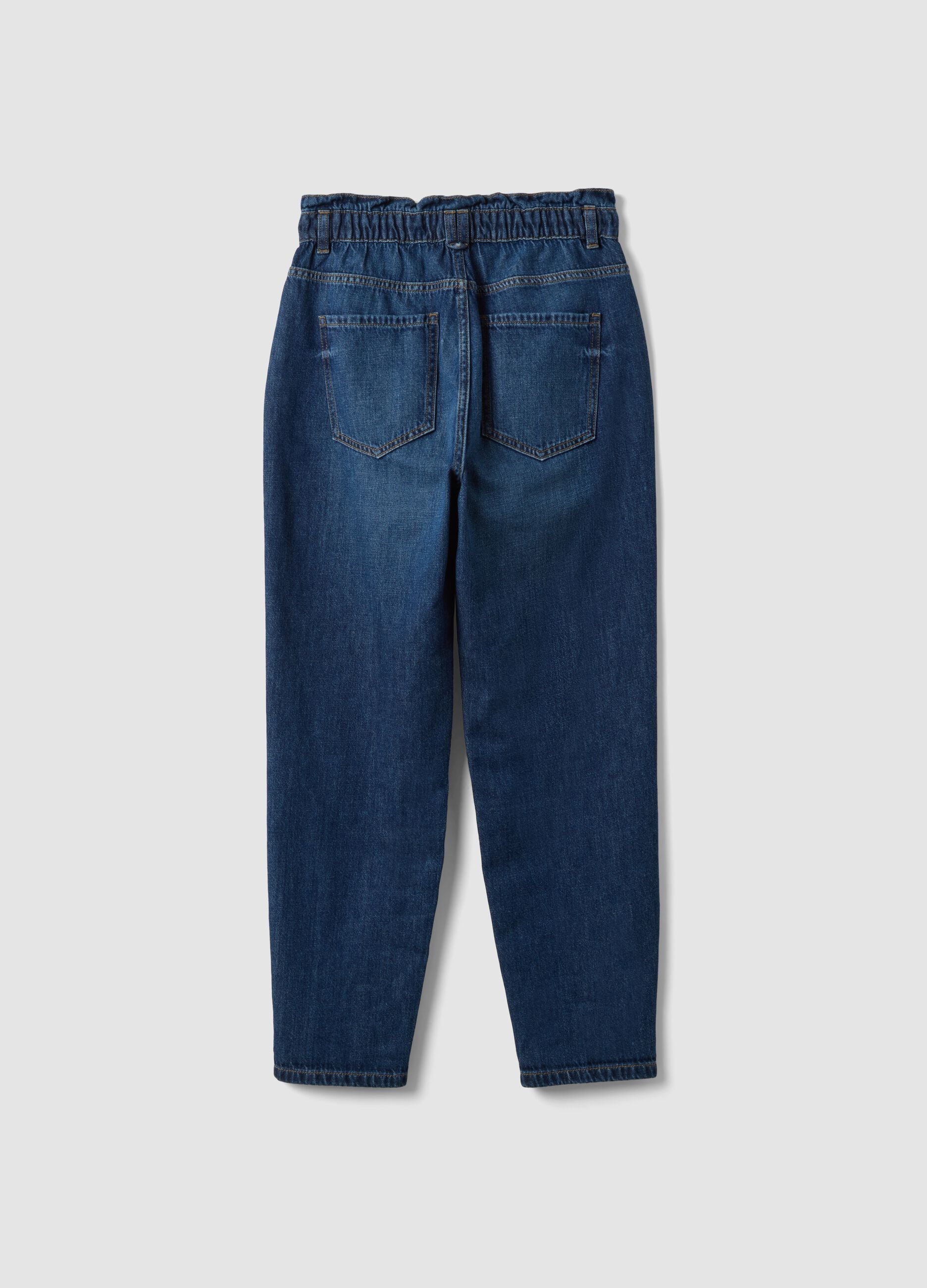 Blue denim baggy-fit jeans in pure cotton with paperbag waist