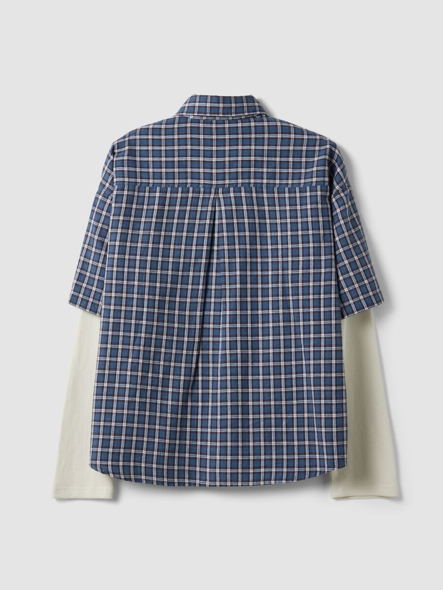 Blue cropped pure cotton checked shirt with layered double sleeves, oversized fit_6