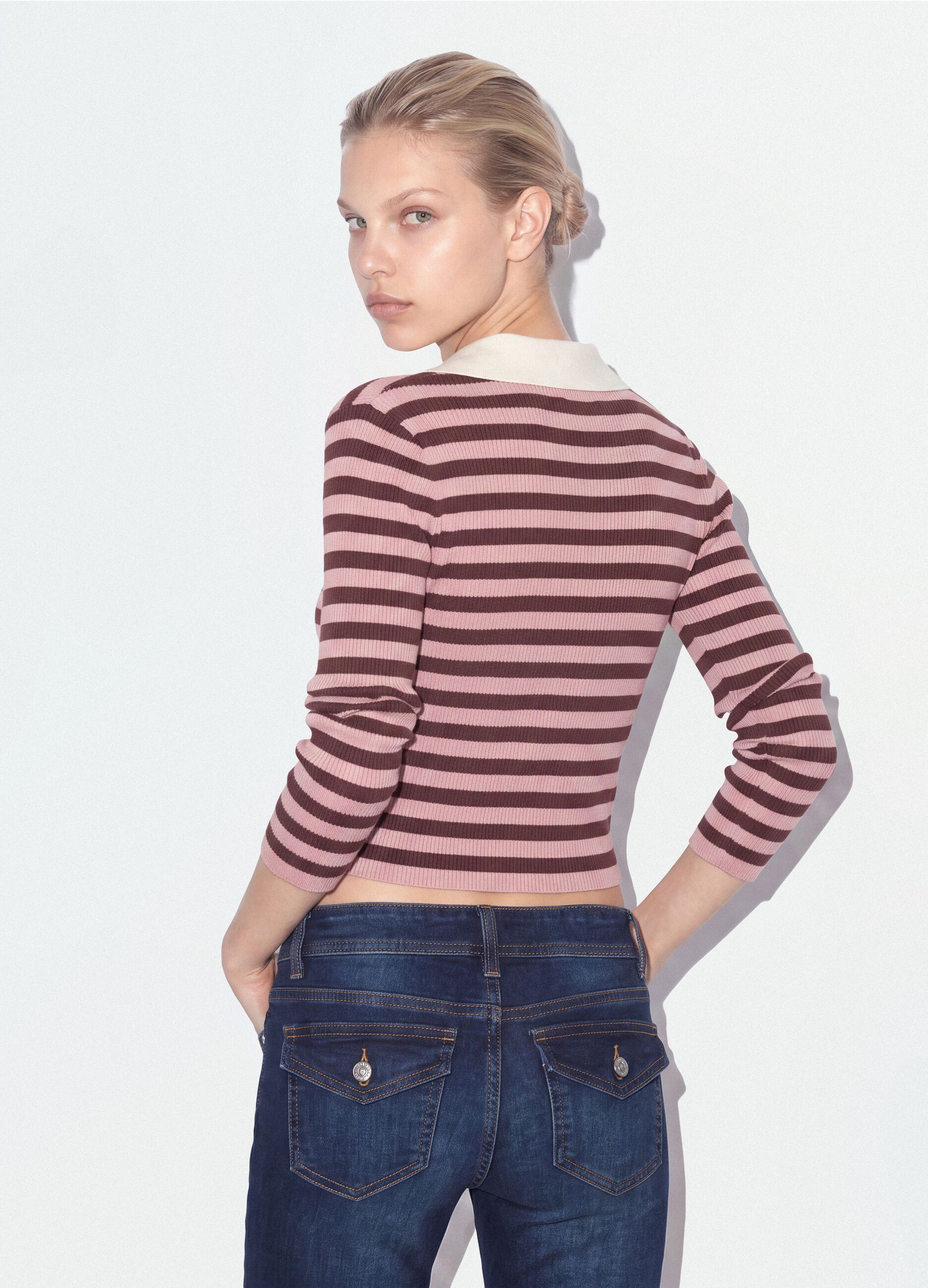 Multicolour striped viscose-blend fitted polo-collar knit top