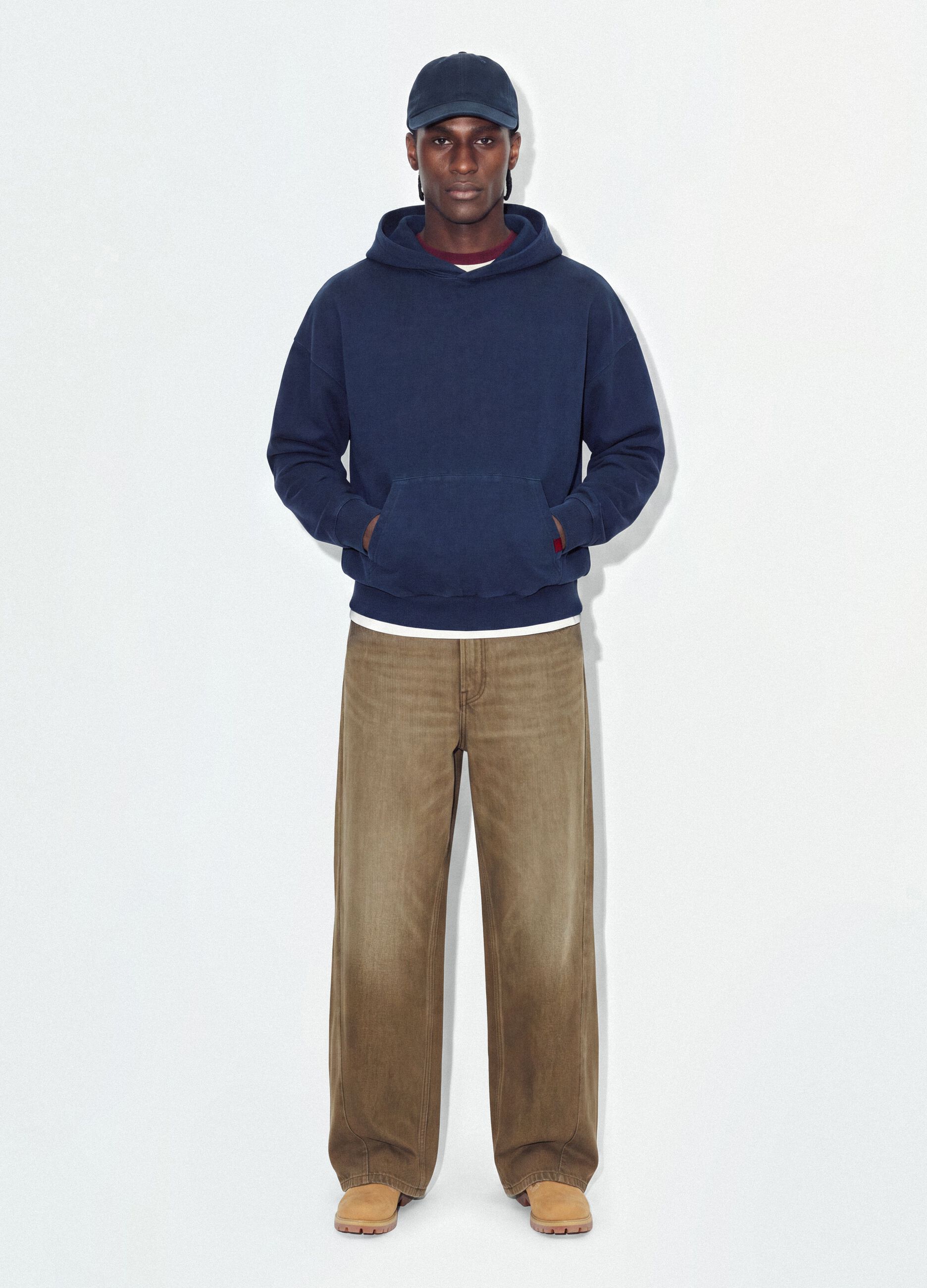 Felpa blu in puro cotone con cappuccio over fit