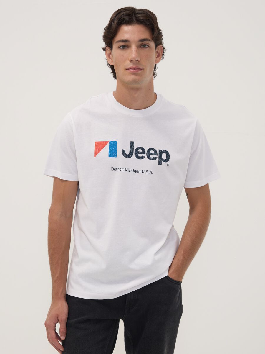 Wei&szlig;es Rundhals-T-Shirt aus reiner Baumwolle mit Jeep-Print_0