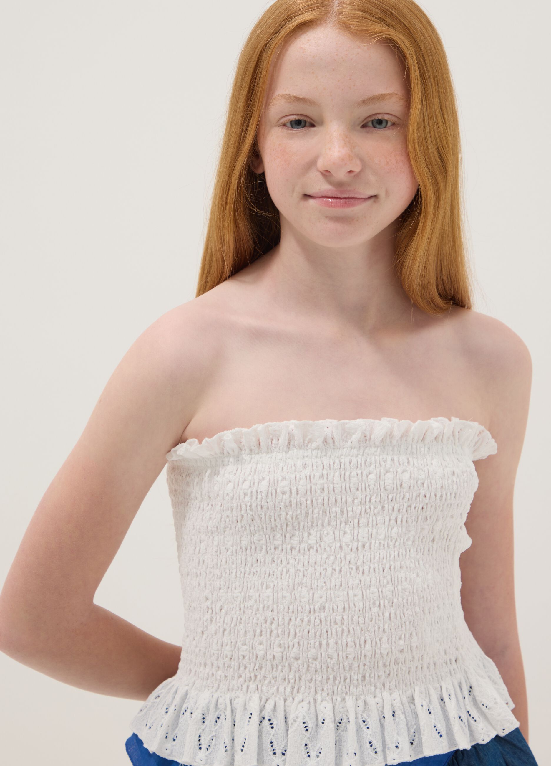 White ruched stretch-fabric top