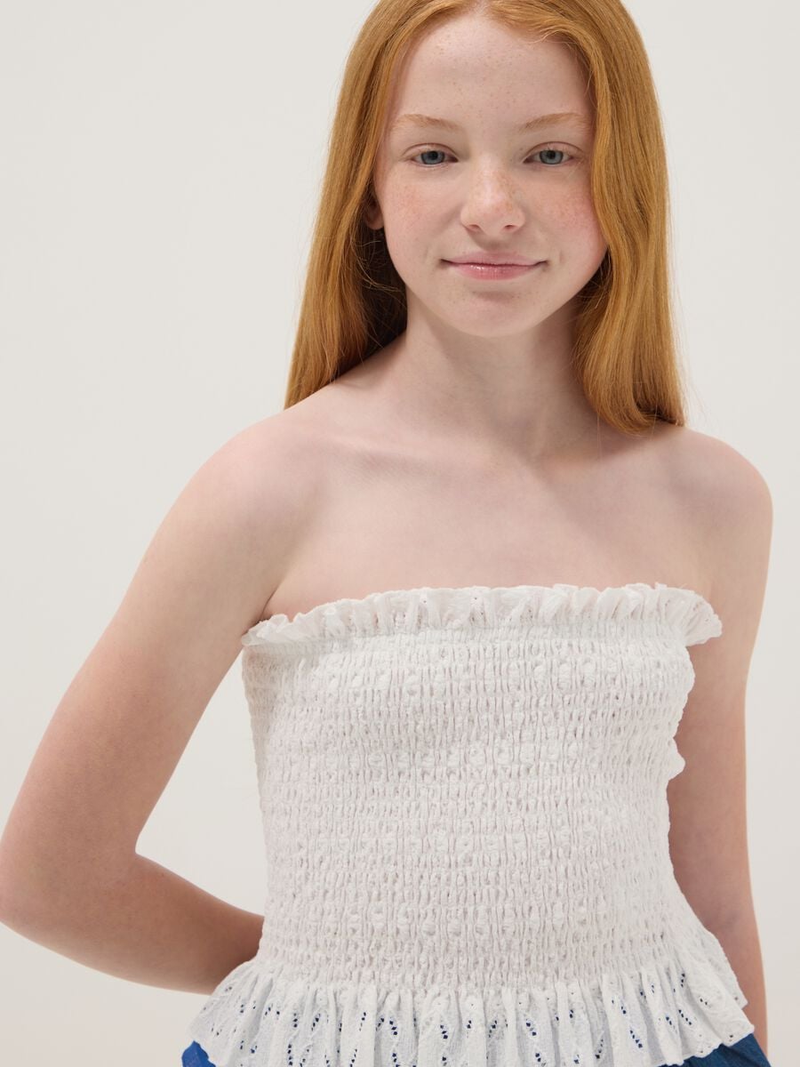 White ruched stretch-fabric top_0