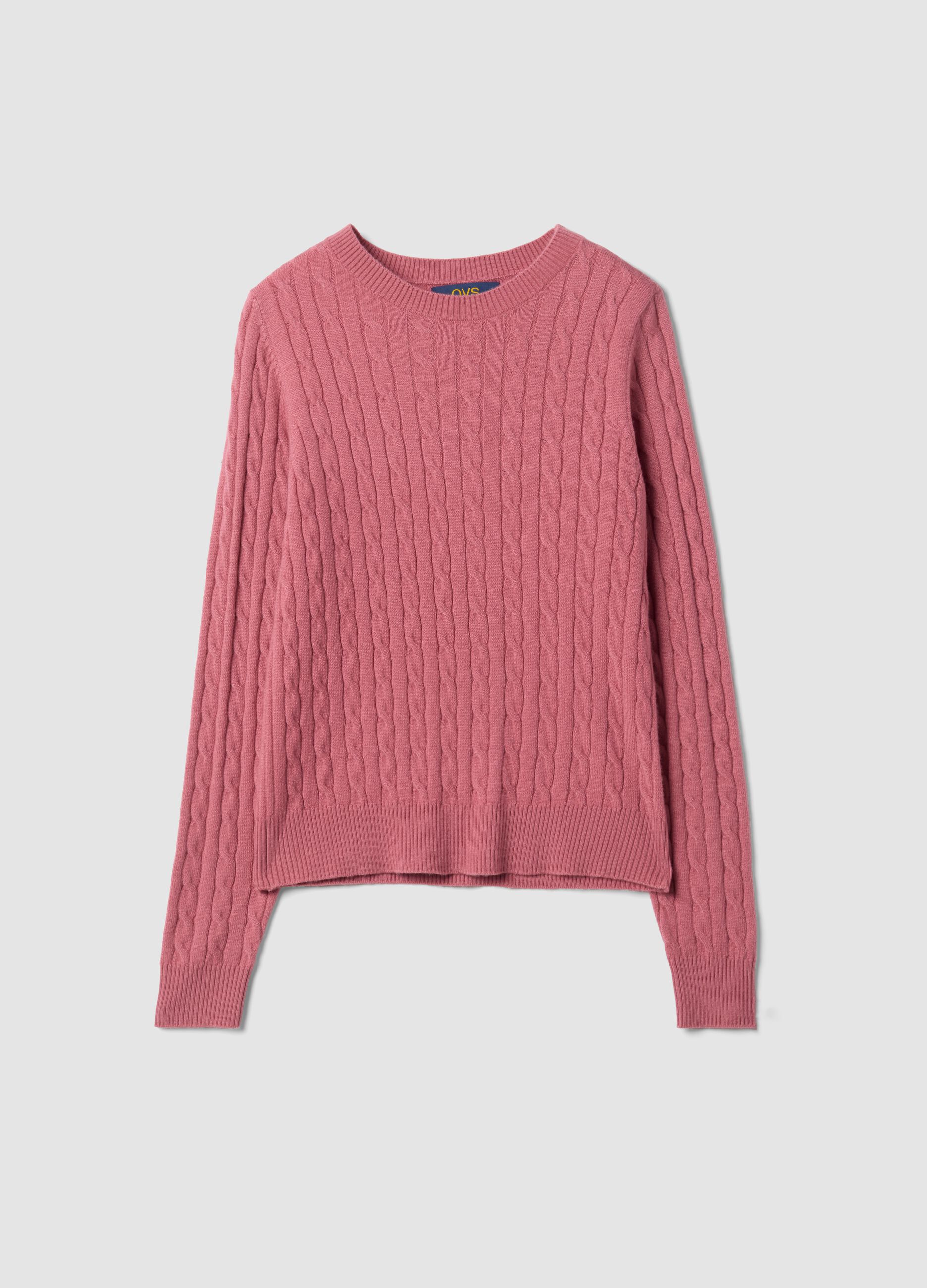 Pink cable-knit crew-neck jumper, regular fit