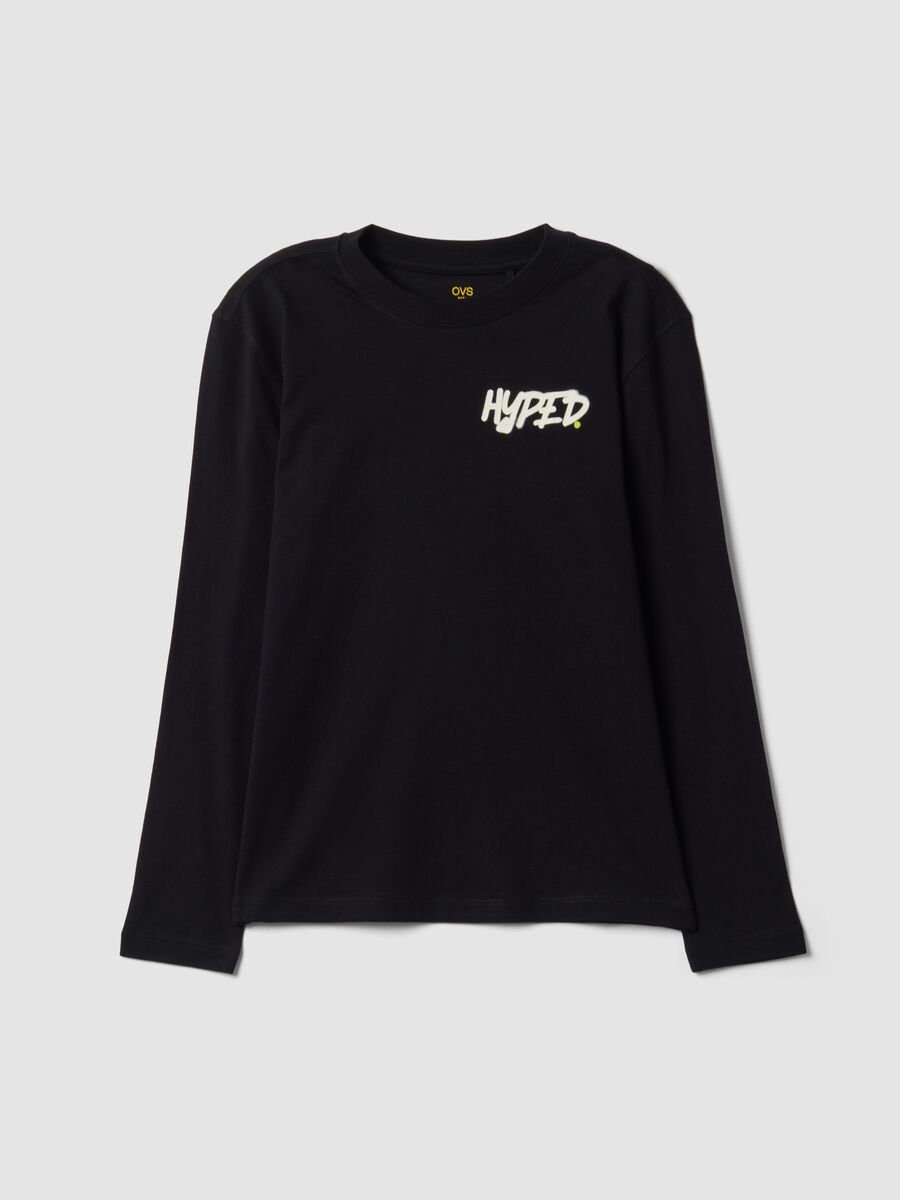 Black organic cotton T-shirt with &ldquo;Hyped&rdquo; print for boys_0