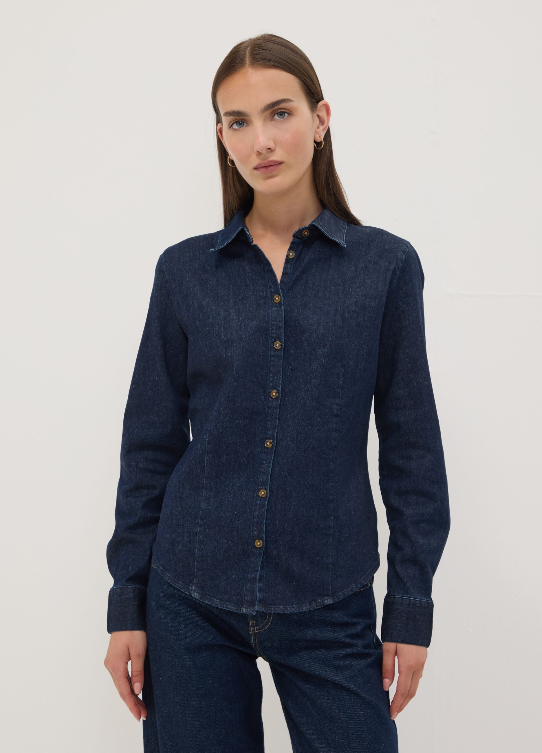 Dark blue slim-fit stretch cotton denim shirt