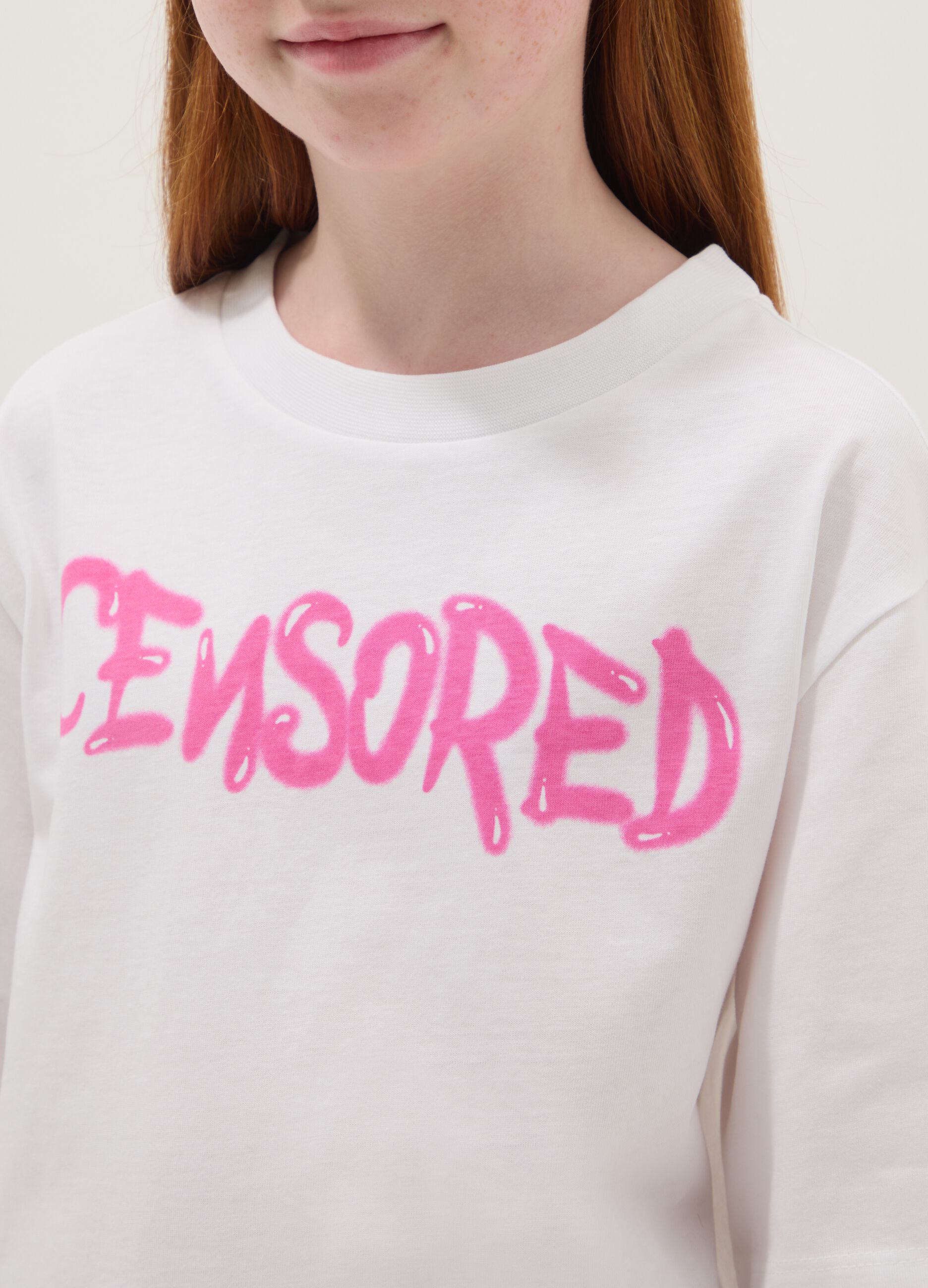 Girl's white oversized fit pure cotton t-shirt with writing