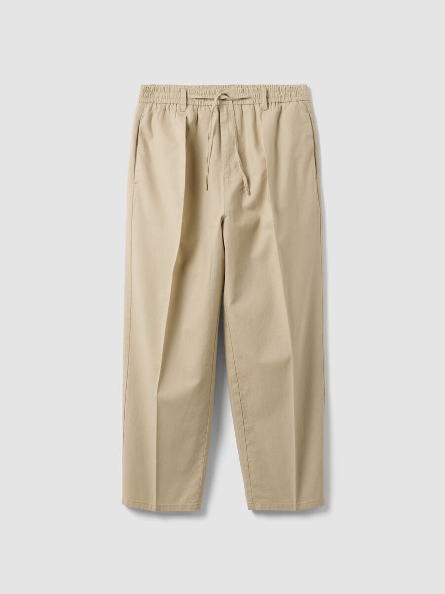 Pantal&oacute;n beige de mezcla de lino y algod&oacute;n con cintura el&aacute;stica_0