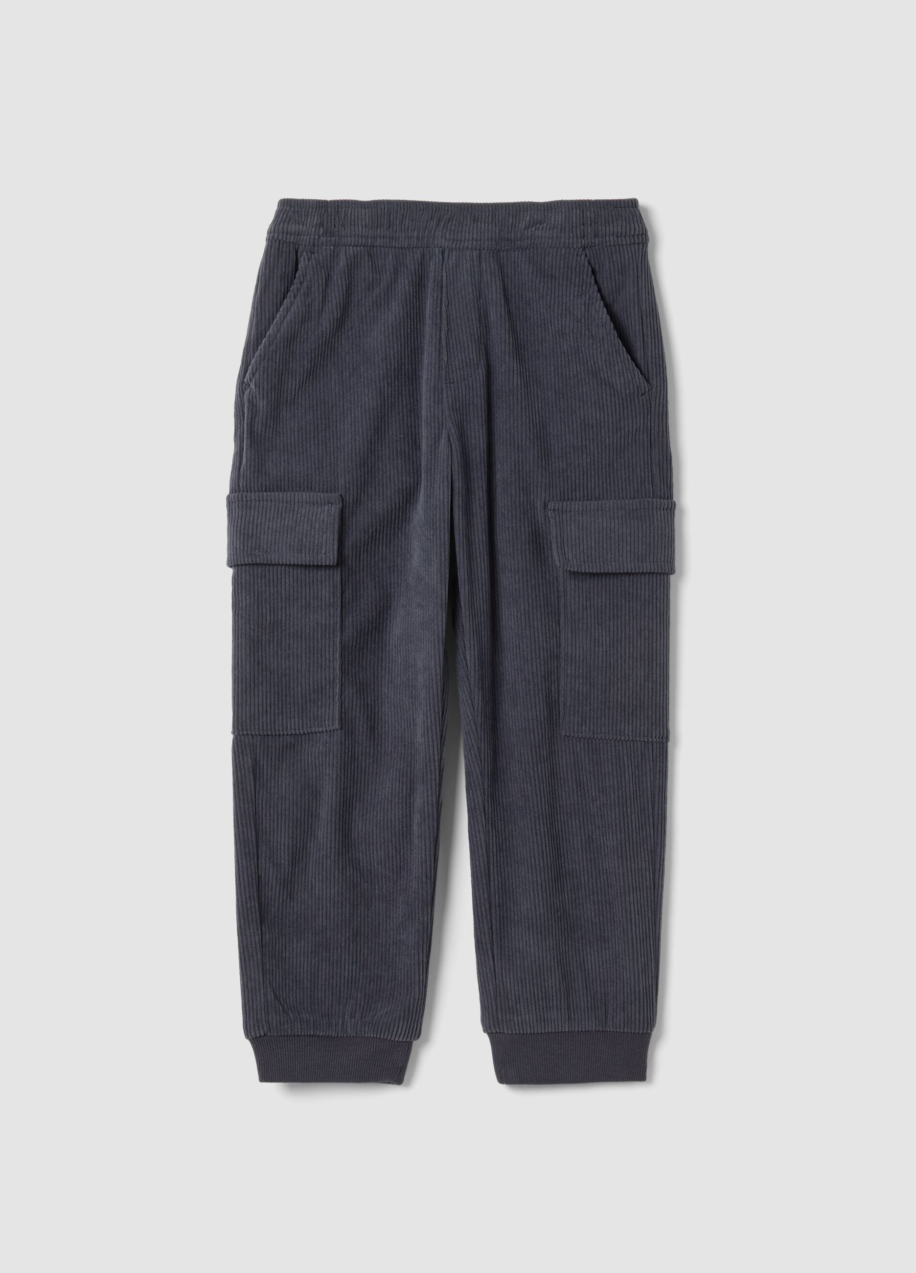 Grey ribbed cargo trousers, comfort fit