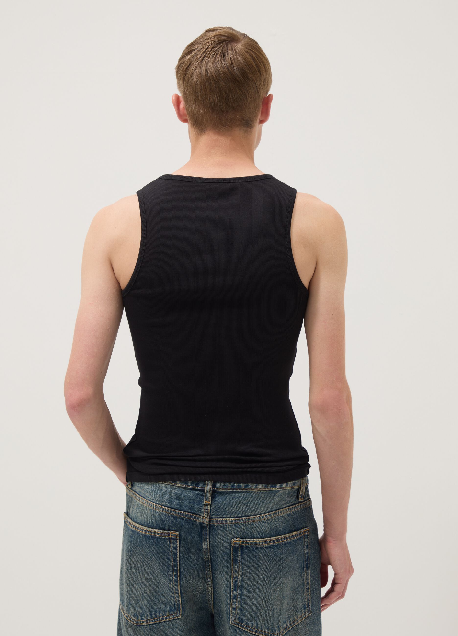 Black ribbed stretch-cotton fitted tank top