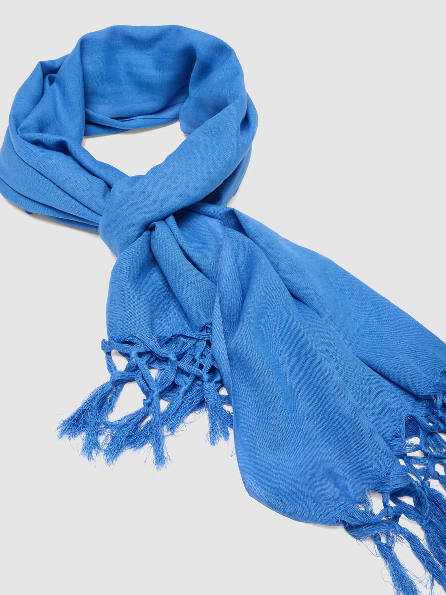 Blue Viscose and Linen Blend Scarf with Fringes_2